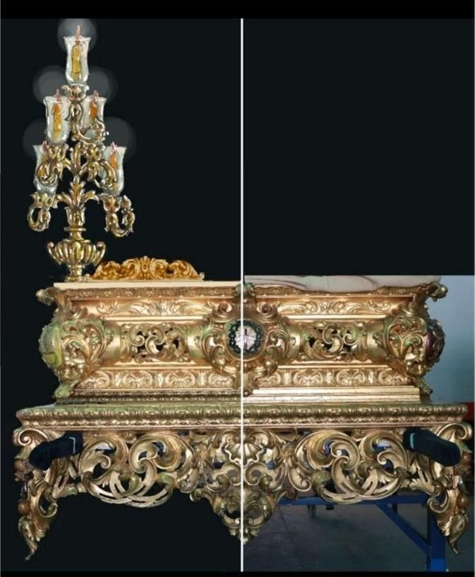 Estado actual (en la mitad izquierda) y diseño de la reforma (a la derecha) del paso de misterio de Sanidad.