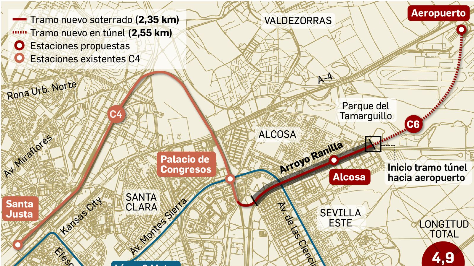 Propuesta de Cercanías al Aeropuerto de 'Sevilla Quiere Metro'.