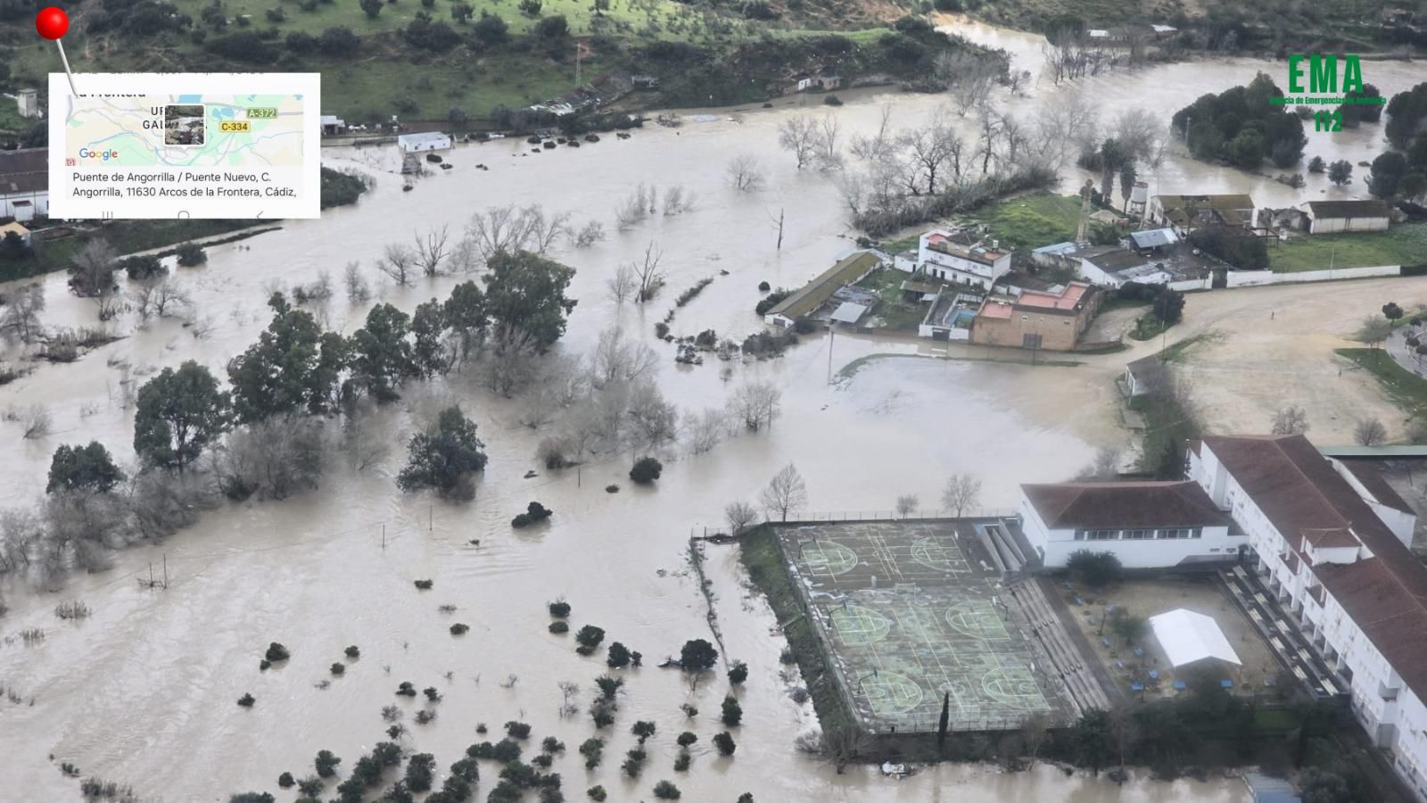 Así se ve desde el aire el desbordamiento del río Guadalete en Jerez, El Puerto, Arcos y la Sierra