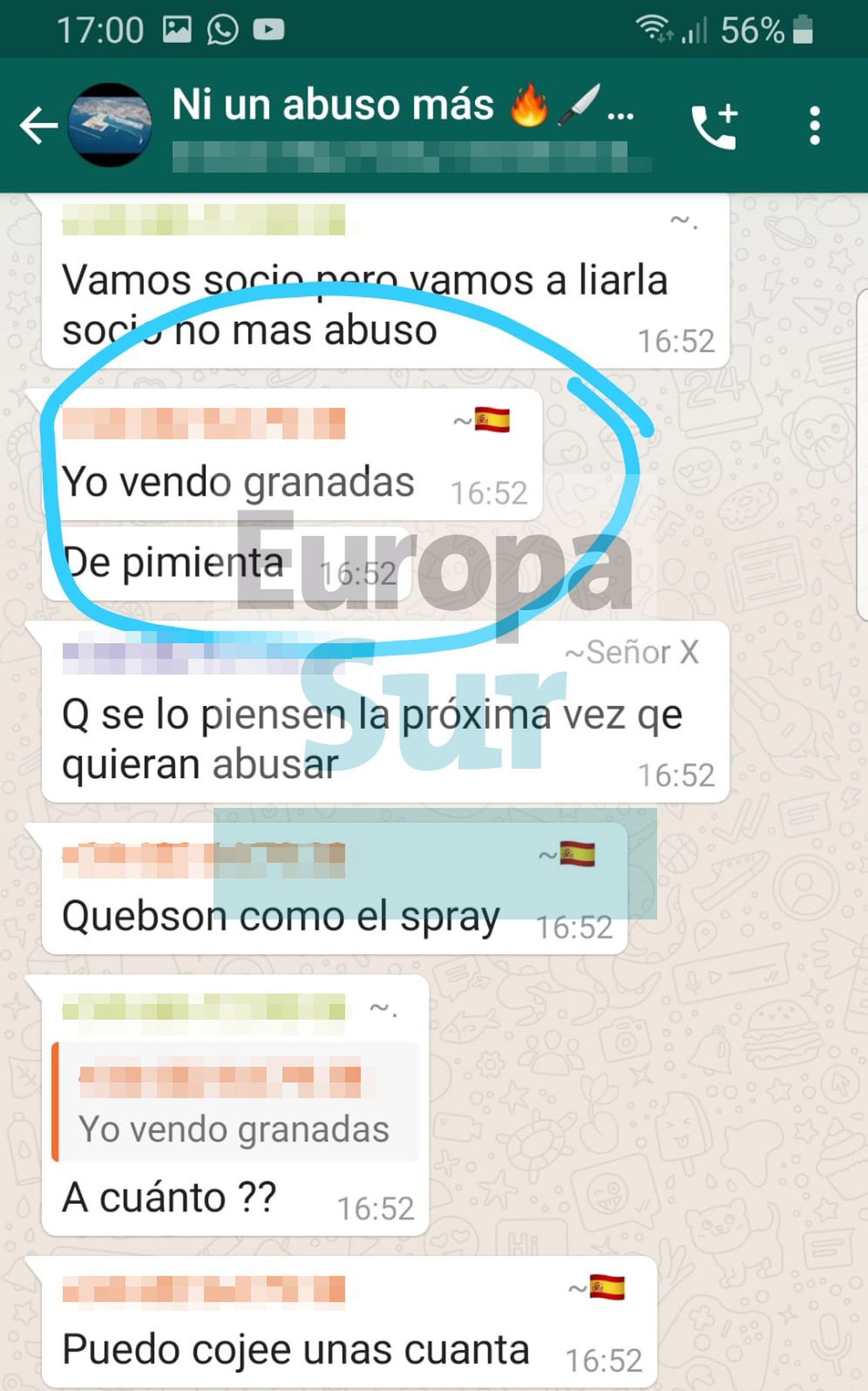 Una captura del grupo de Whatsapp