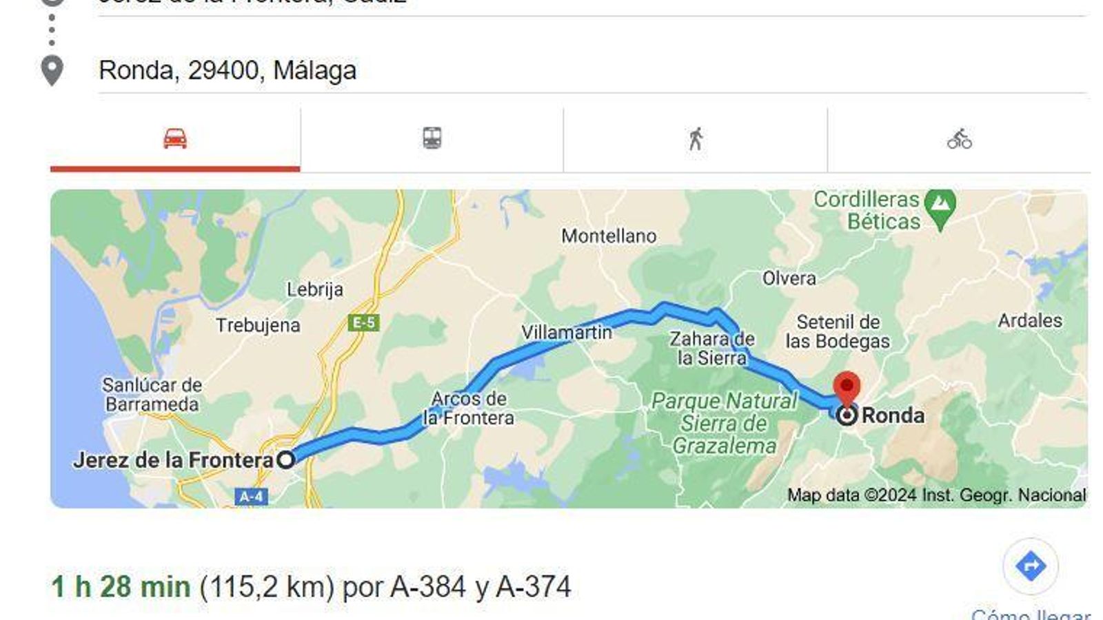 Distancia Jerez-Ronda.