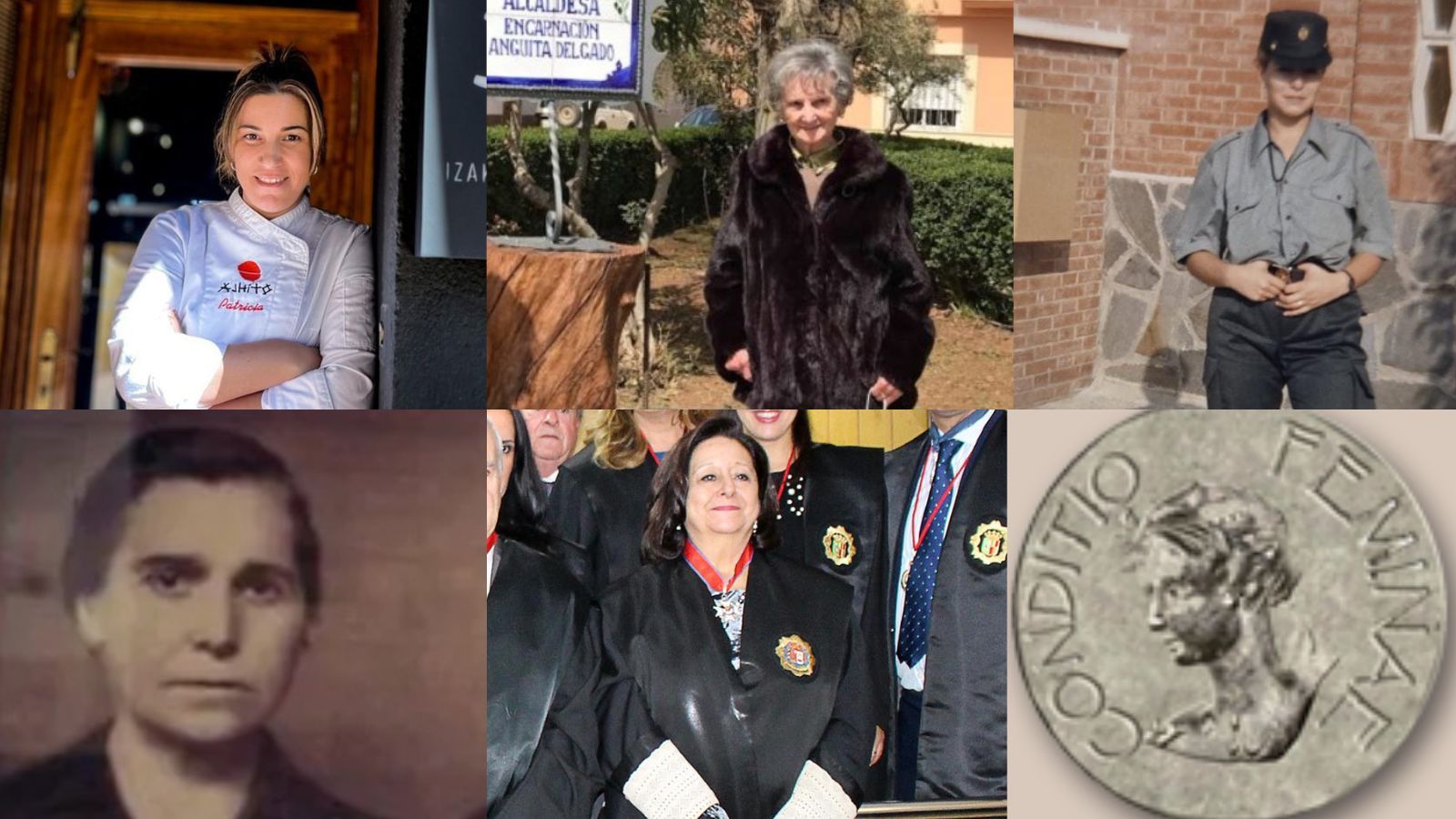 Patricia Díaz, Encarnación Anguita, Lucía Pérez, Alfonsa Rodríguez, Manuela Gassó y símbolo femenino de la época romana en representación a Sempronia Fusca.n