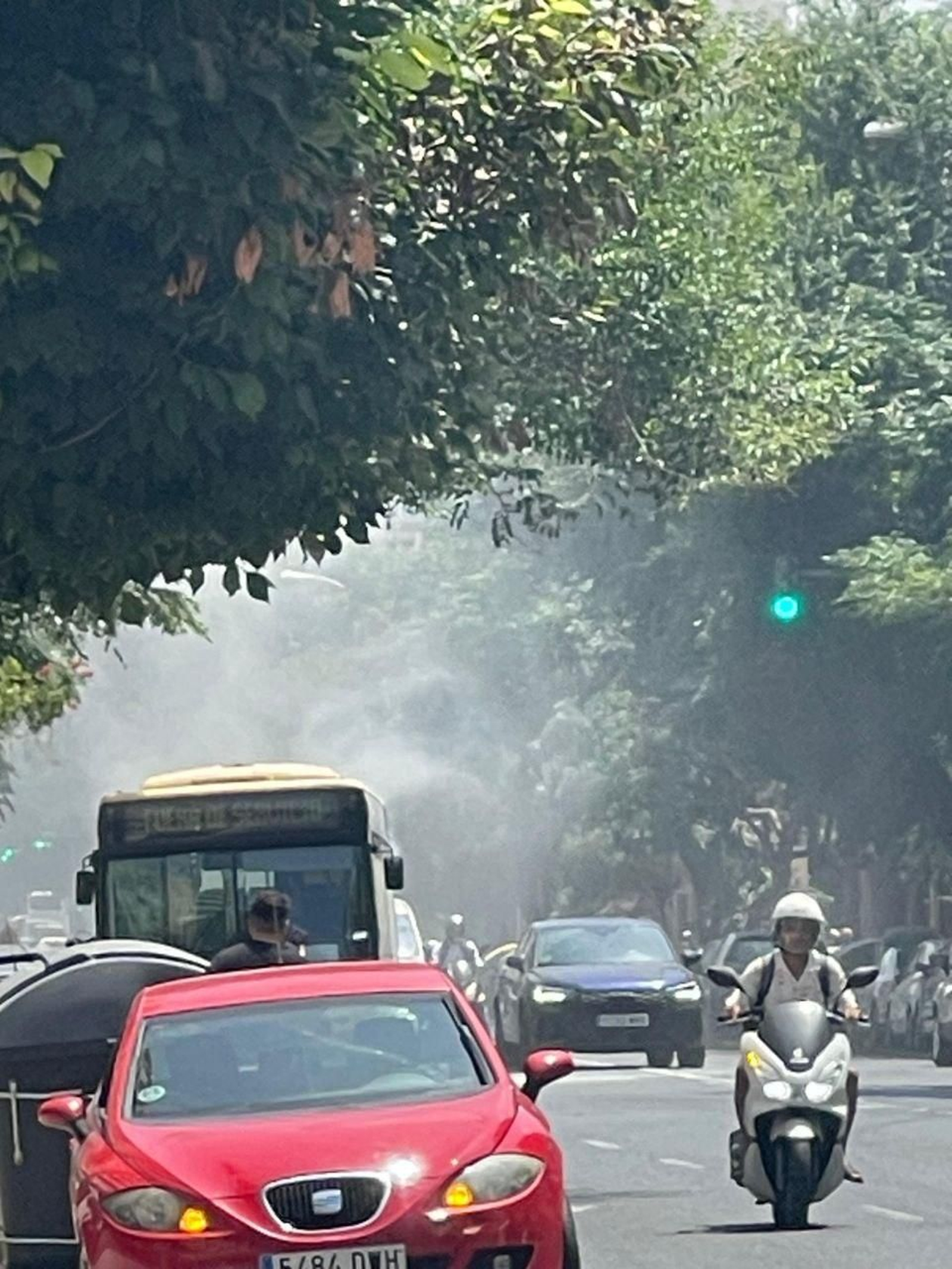El autobús ardiendo en la Avenida Cayetano del Toro este jueves.