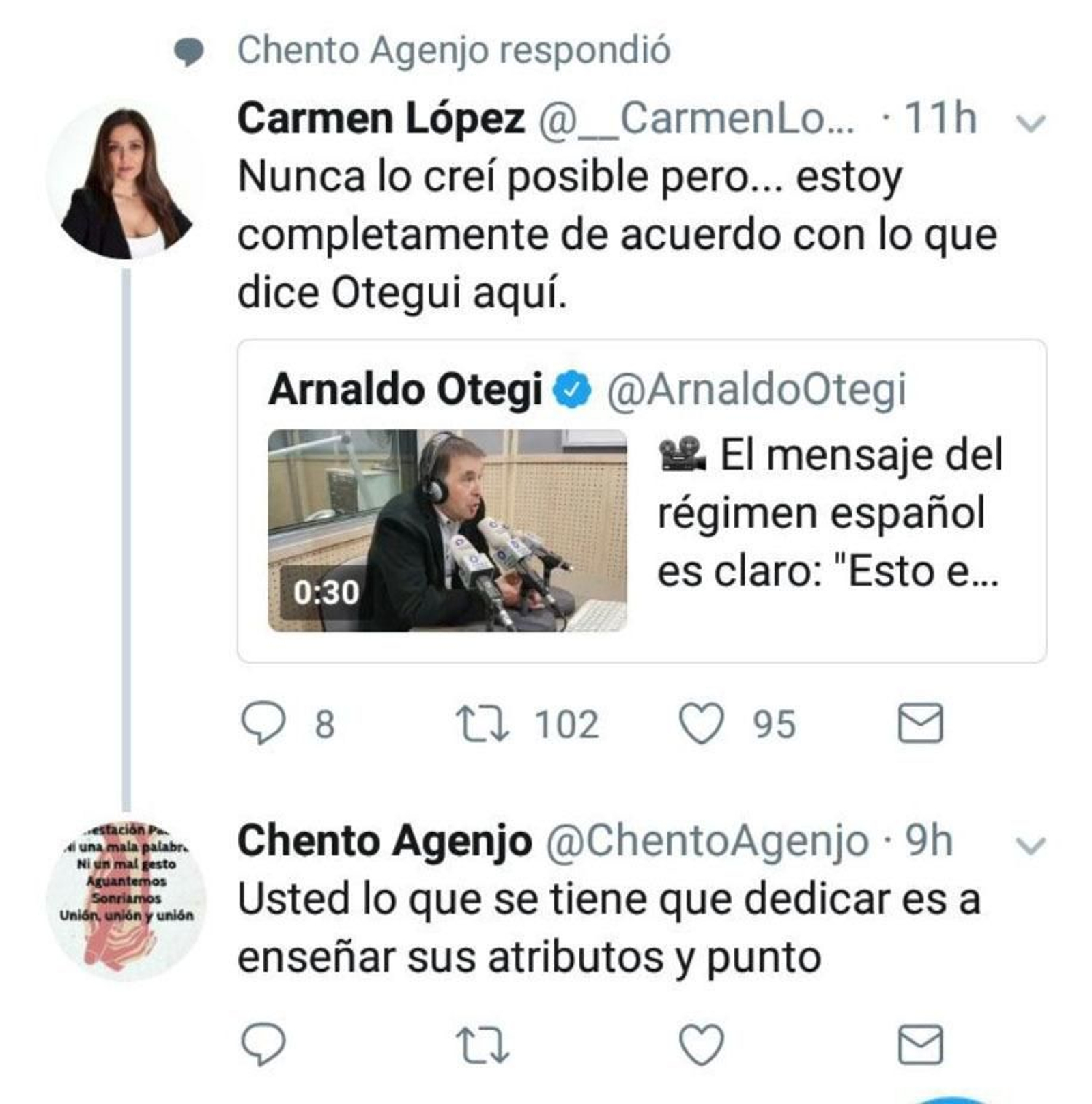 Una imagen de la cuenta de Twitter de Carmen López y la respuesta de Agenjo.