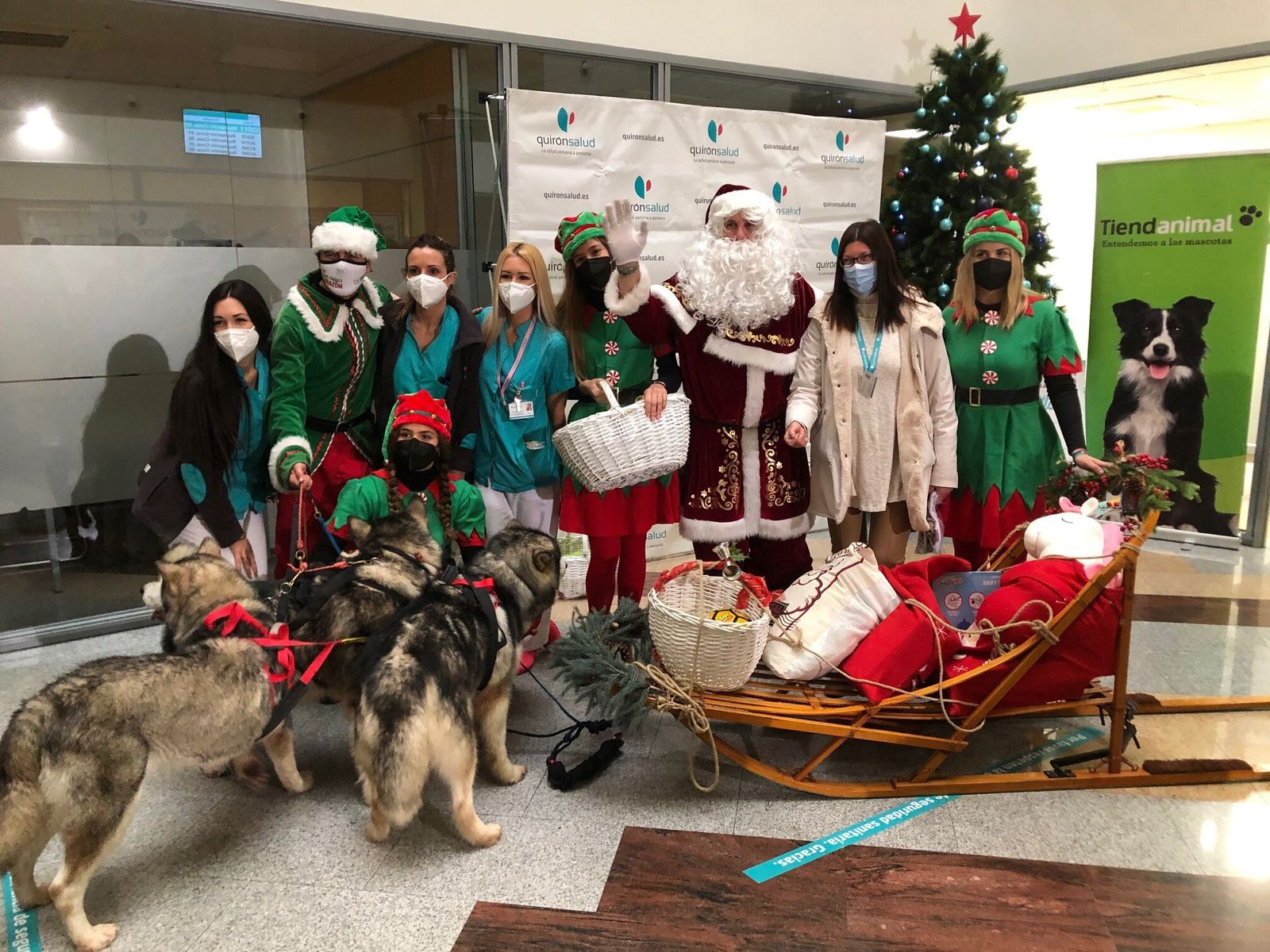 Papá Noel, con sus perros, en el Hospital Quirónsalud Málaga.