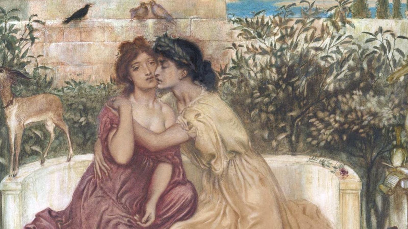 'Safo y Erina en un jardín de Mitilene' (1864) por Simeon Solomon.