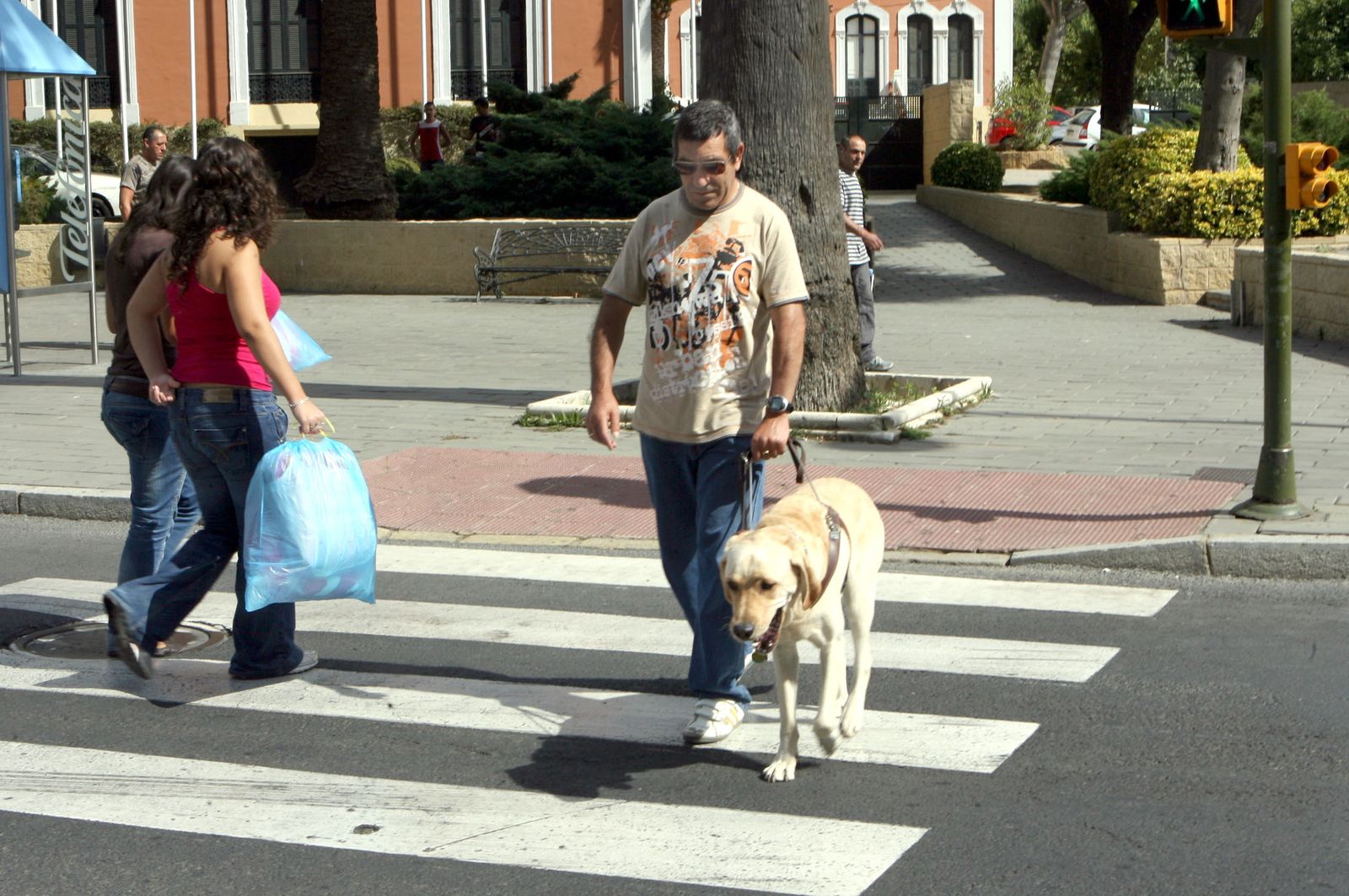 Una persona ciega junto a su perro guía.