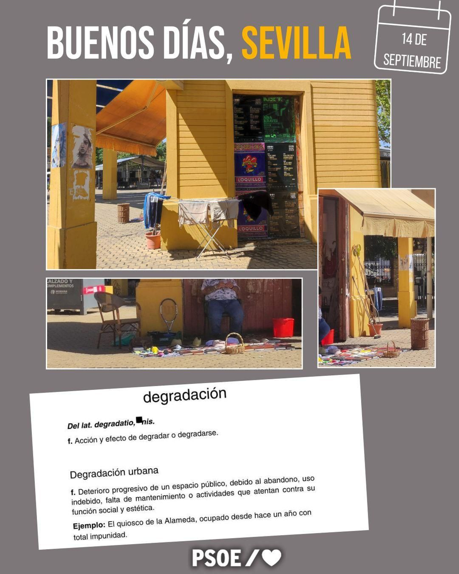 El grupo socialista alerta del deterioro de la Alameda tras la instalación de un okupa