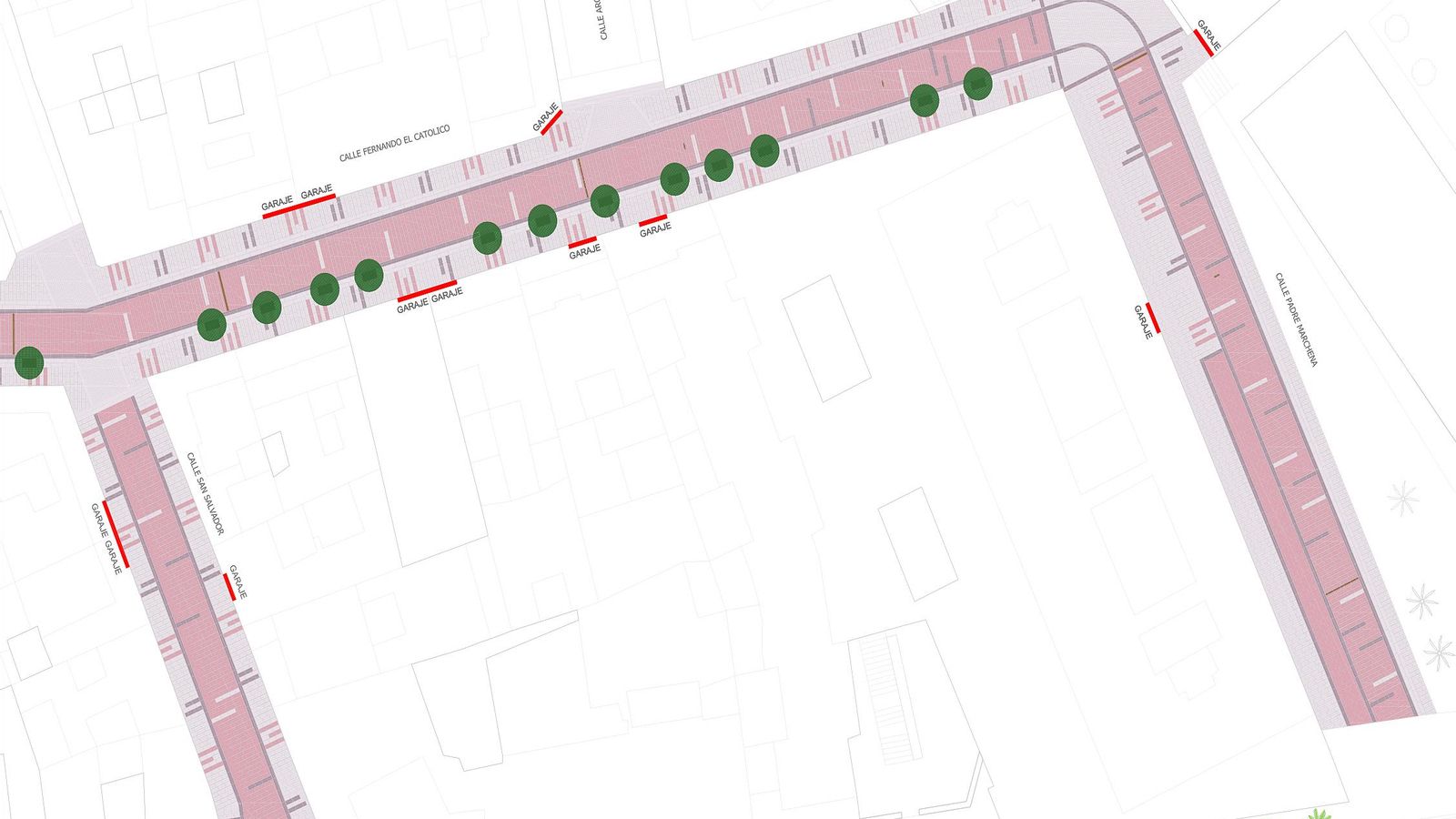 Plano del tercer tramo de la actuación, con el tramo de San Salvador a peatonalizar hacia Gran Vía y Padre Marchena y la parada de taxis conservada.