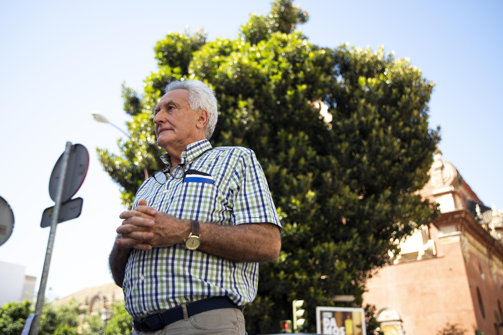 Enrique Figueroa ante el imponente ficus de San Jacinto.