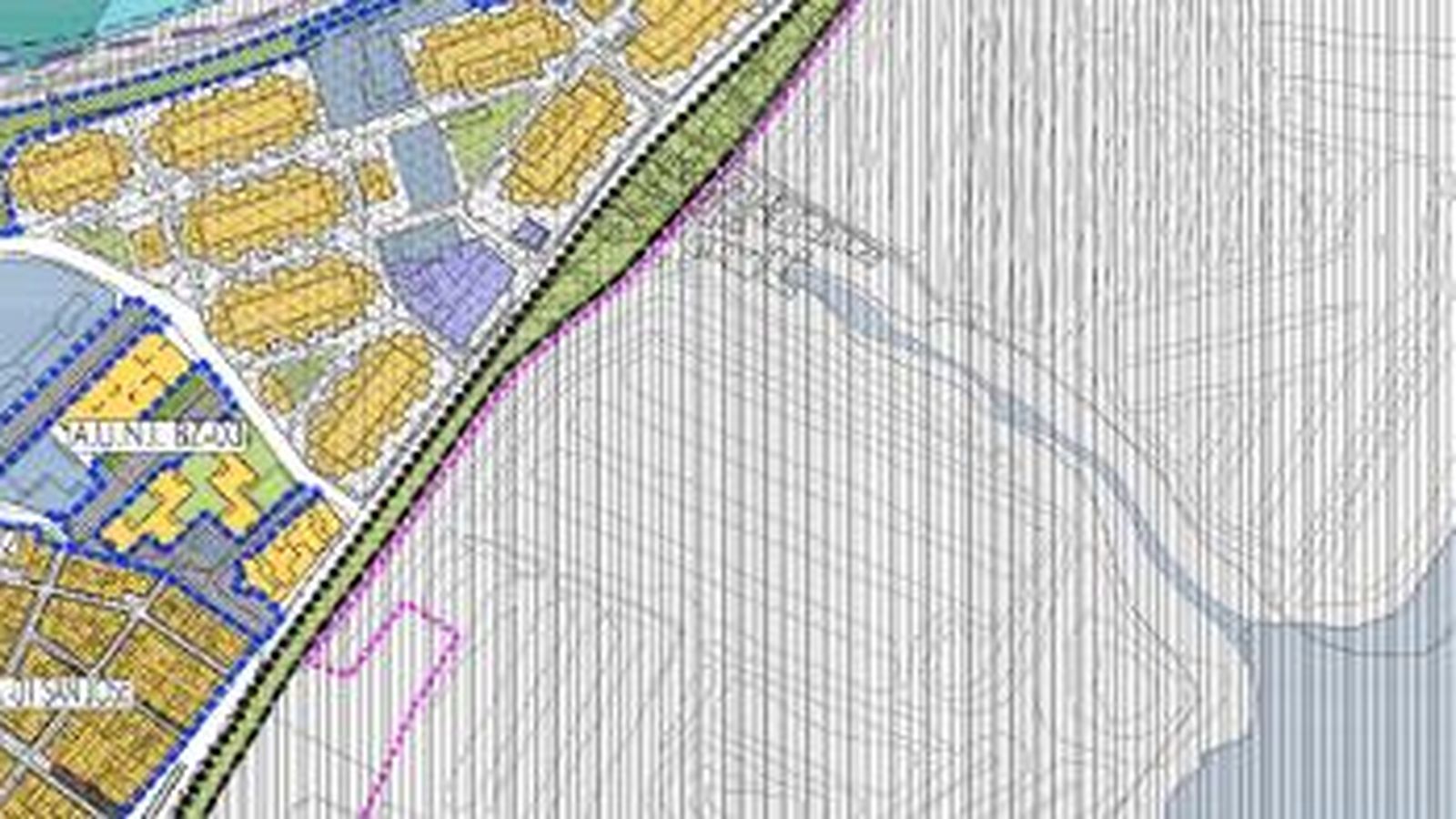La propuesta del PGOU aprobado durante el mandato del PP: una zona verde y una propuesta de deslinde que afecta al resto de la Aguada de San Juan.