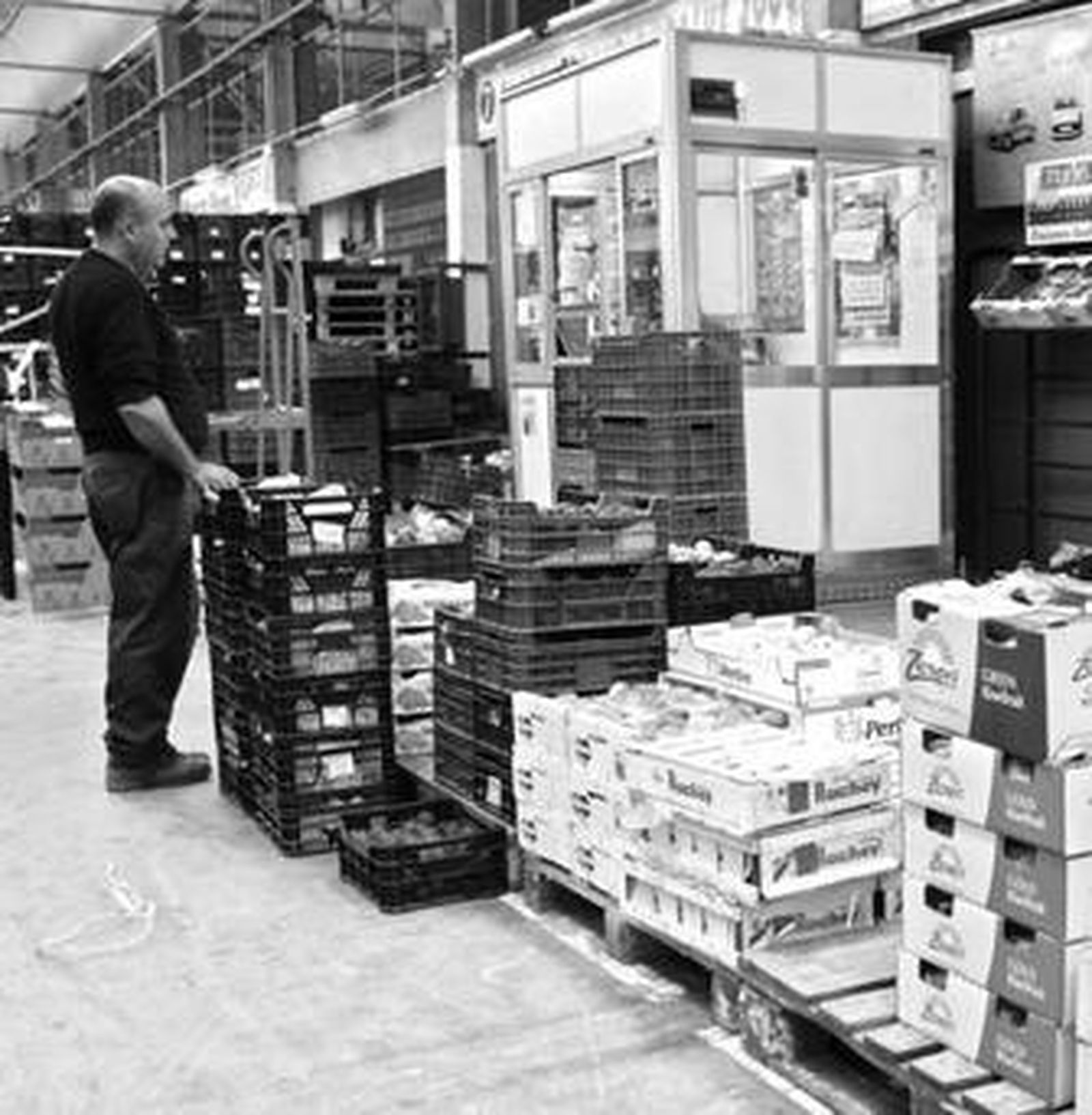 Movimiento de cajas de fruta y verdura en Mercacórdoba.