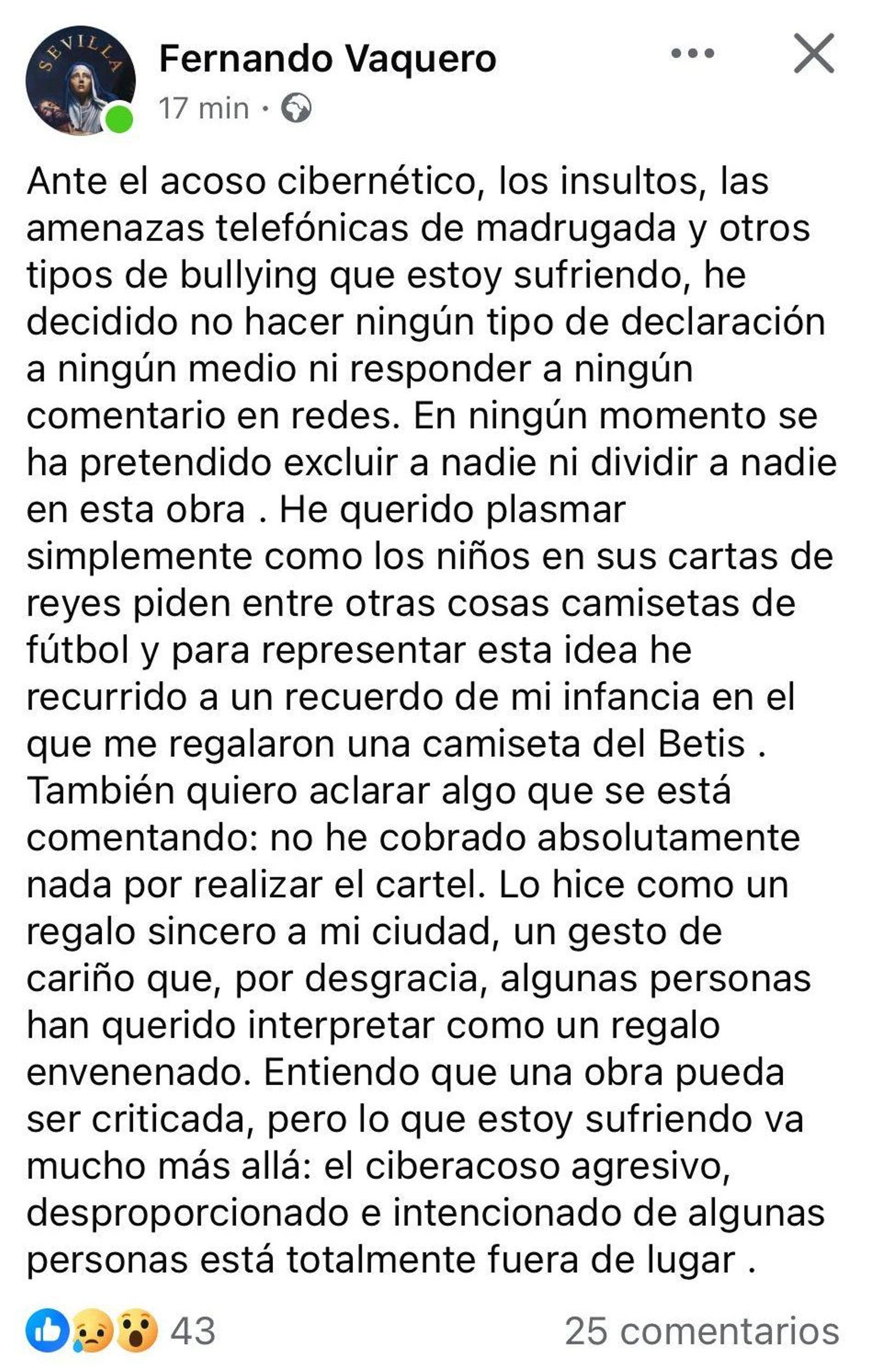 Las declaraciones de Fernando Vaquero en Facebook.