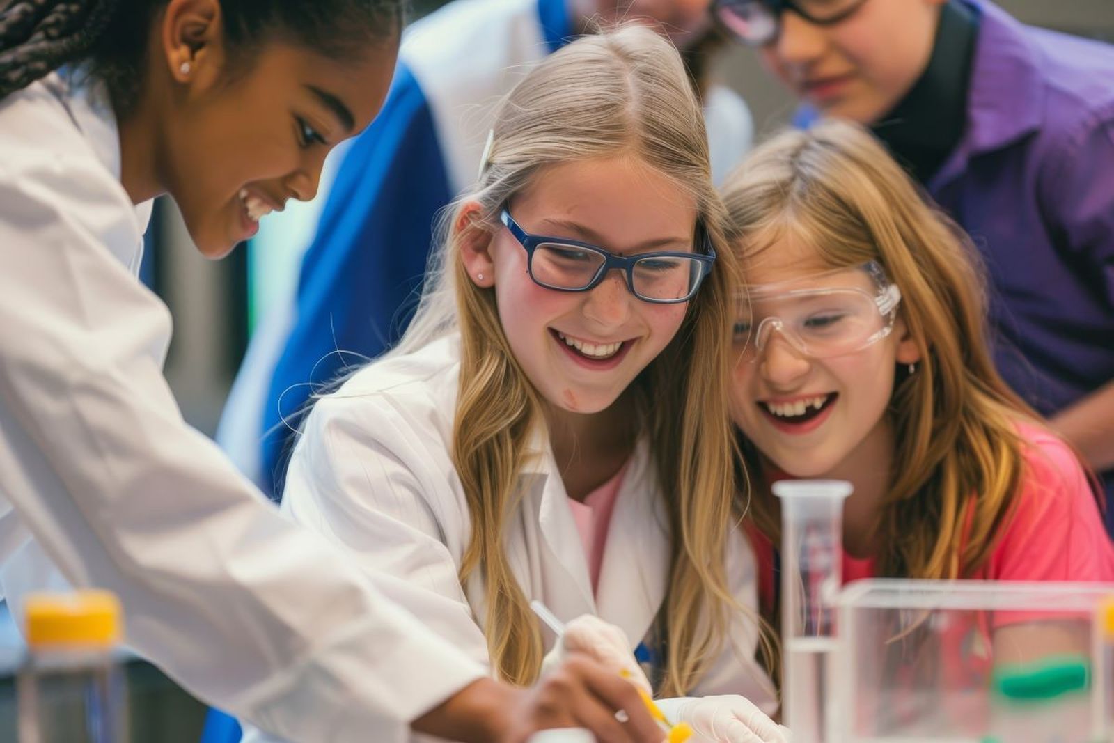 Tres niñas colaboran en un experimento químico en laboratorio.