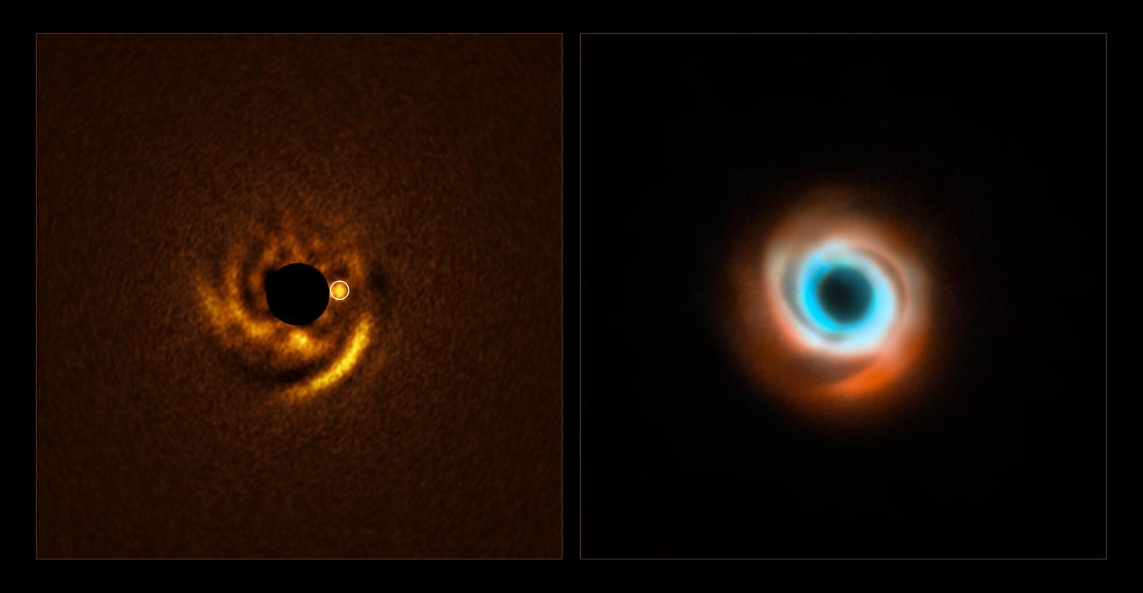 La imagen de la izquierda, tomada con el Very Large Telescope (VLT) de ESO, muestra un posible planeta naciendo alrededor de la joven estrella HD 135344B. La imagen de la derecha es una combinación de observaciones previas tomadas con el instrumento SPHERE también en el VLT (rojo) y el Atacama Large Millimeter/submillimeter Array (ALMA, naranja y azul).