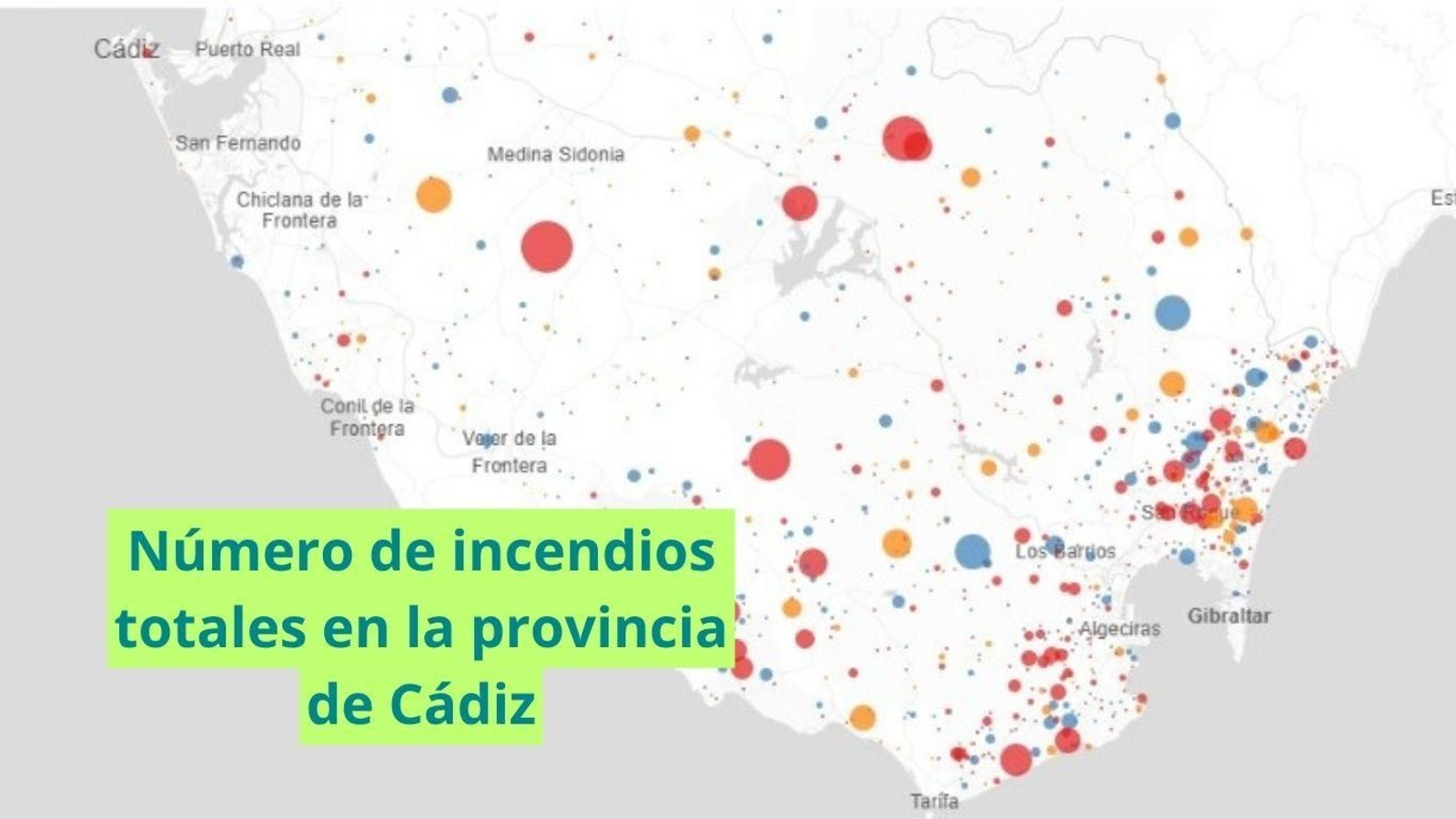 Número de incendios totales en la provincia de Cádiz.
