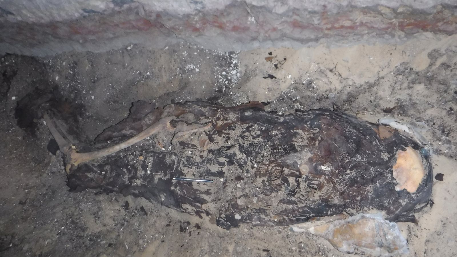 Momia de Satjeni a. La momia estaba de costado y en posición semiflexionada. Delante se observa la máscara funeraria policromada.