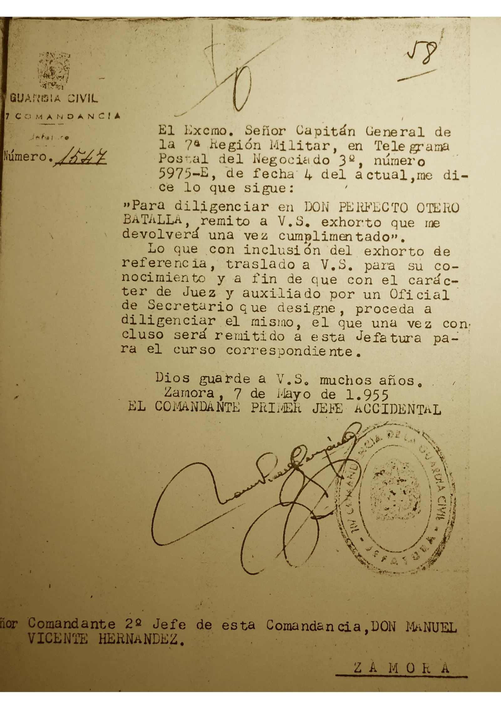 Oficio de la 107 ªComandancia de la Guardia Civil de Zamora relativa a la causa 47/1938 de Algeciras por rebelión militar.