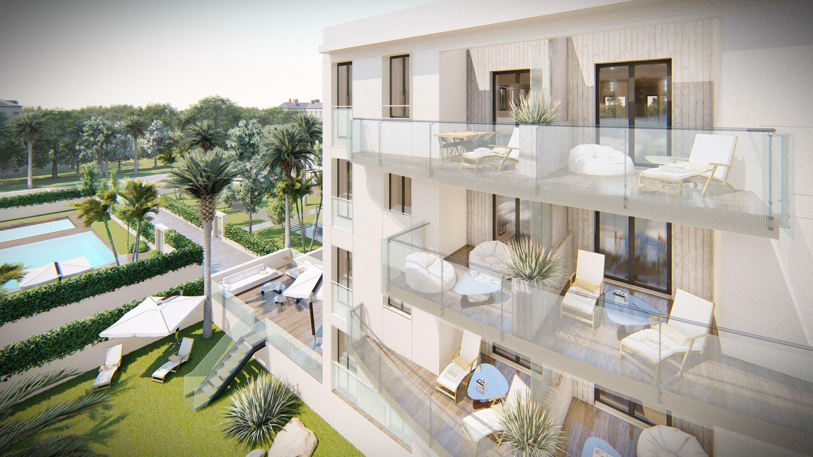 Terrazas de los pisos de la zona Norte. Abajo,  viviendas en el centro de Jerez.