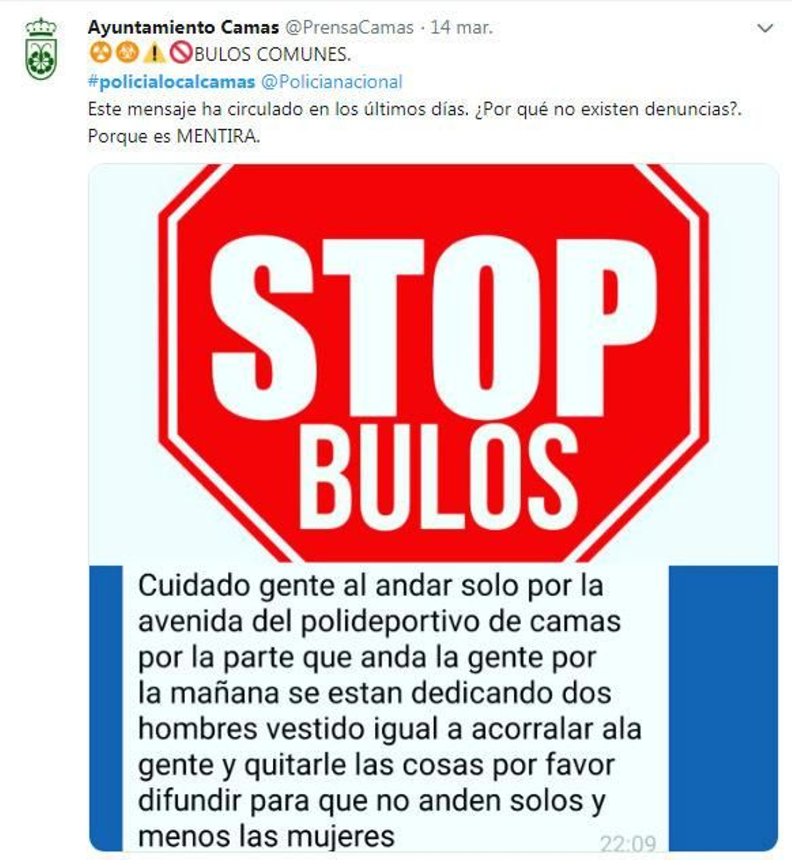 Uno de los mensajes en redes del Ayuntamiento de Camas desmintiendo "bulos comunes".