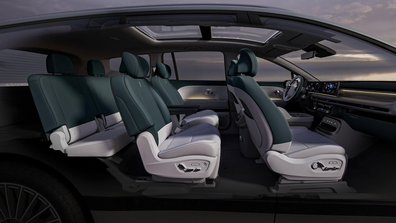 El interior del Ioniq 8 puede estar definido para seis o siete ocupantes, según se emplee una fila central con banqueta corrida o dos asientos independientes.