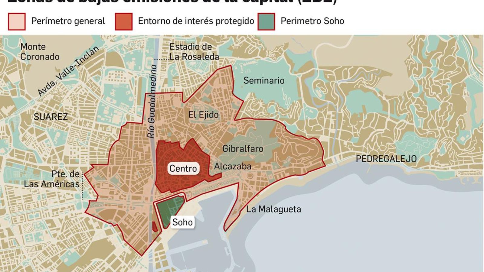 Distintas áreas de la zona de bajas emisiones de Málaga. Distintas áreas de la zona de bajas emisiones de Málaga.