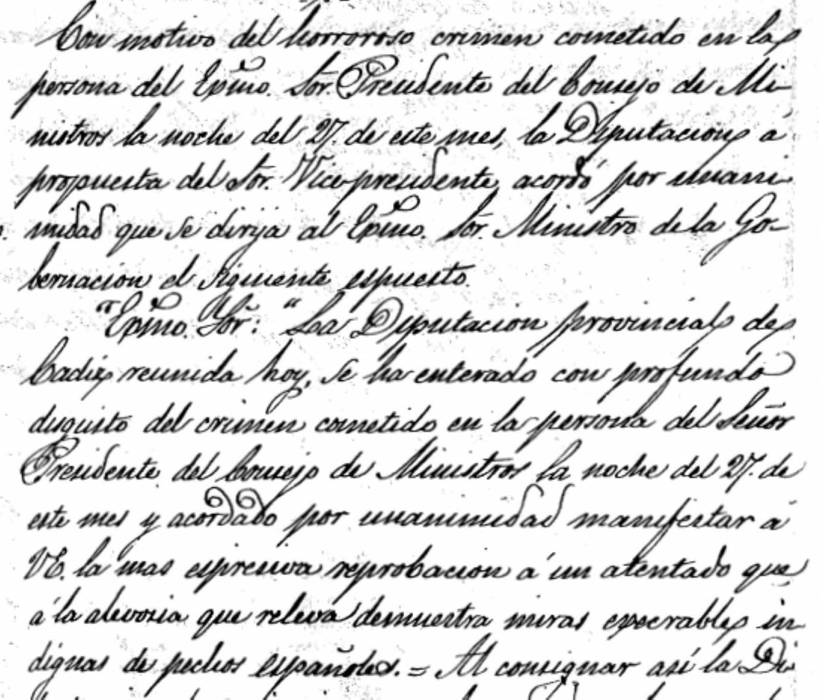 La Diputación de Cádiz remite al Gobierno su indignación por el atentado a Prim.