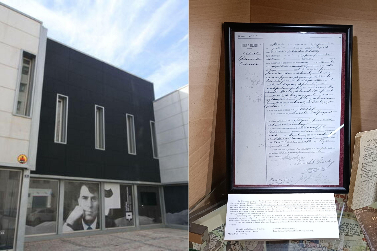 Partida de nacimiento de Jesús Hermida en su centro en Huelva