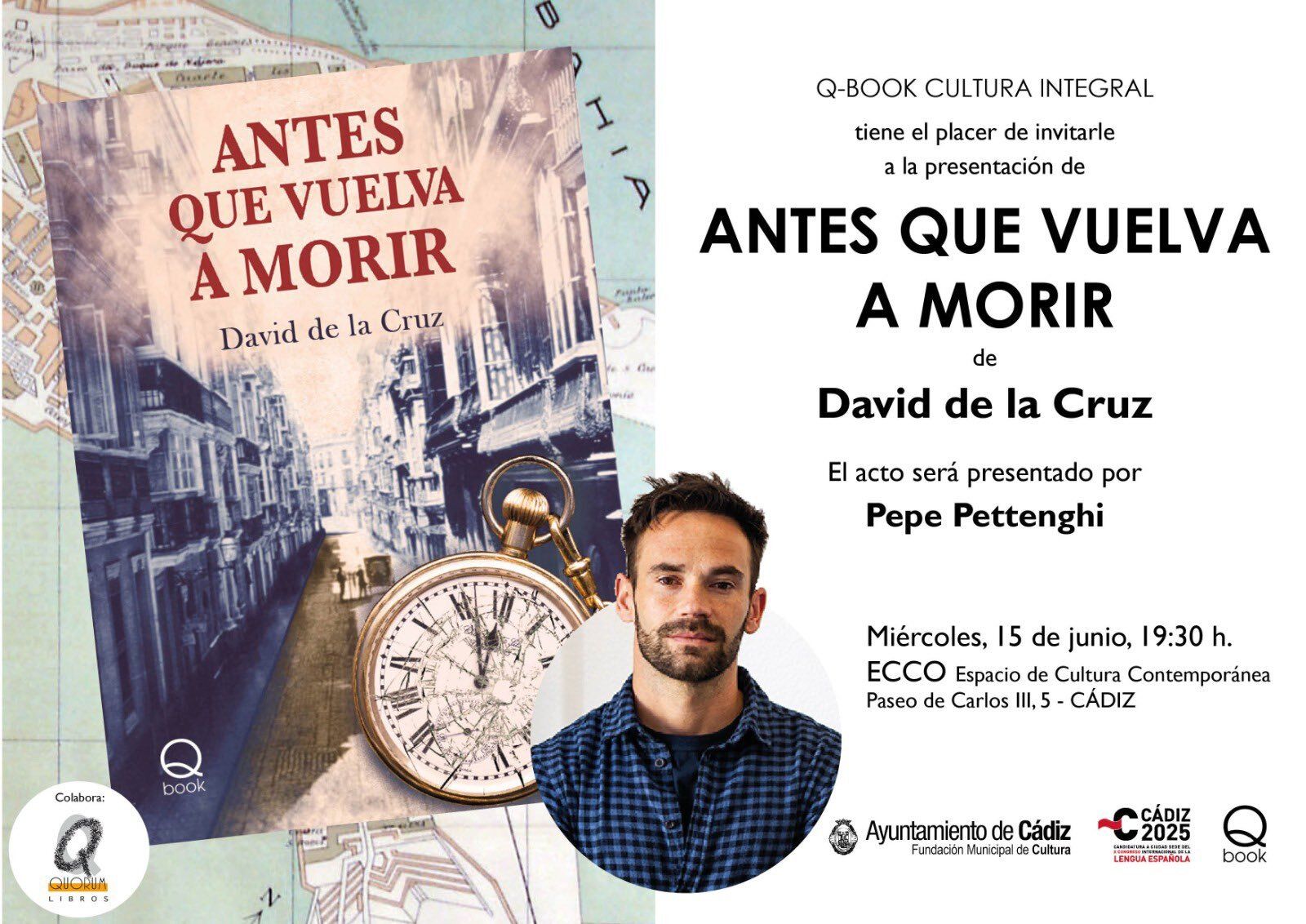 Tarjeta de la presentación de la primera novela de David de la Cruz.