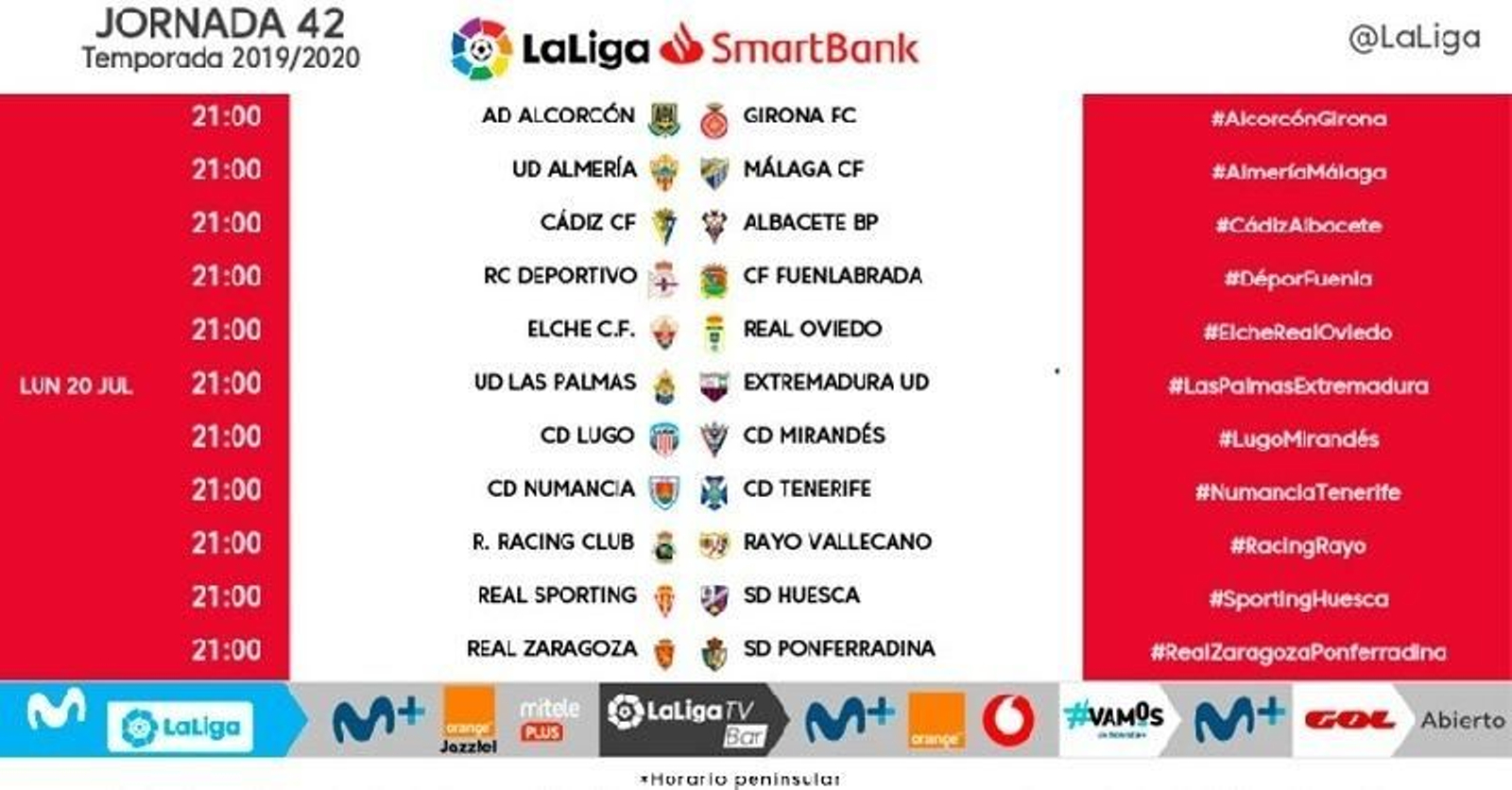 Horarios de las jornadas 41 y 42 de Segunda División
