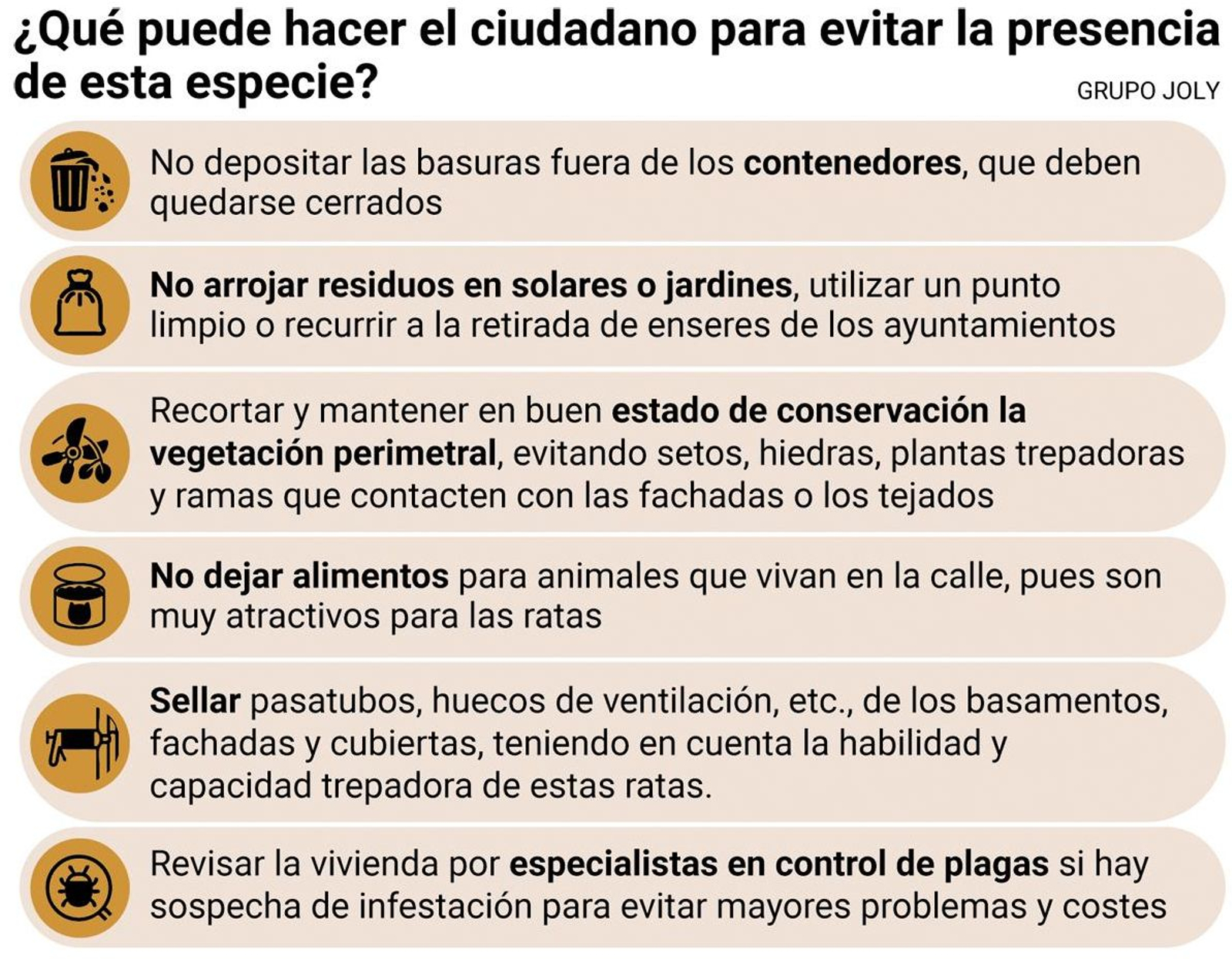 Recomendaciones para evitar la proliferación de ratas en entornos urbanos. Fuente: elaboración propia.