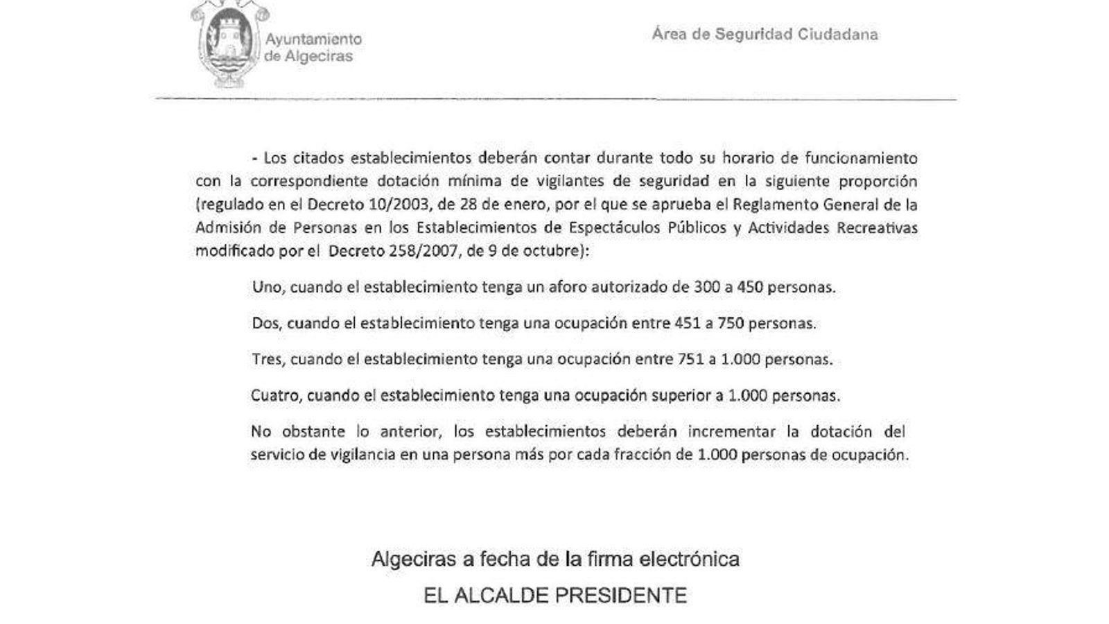 Articulado del bando relativo a los vigilantes de seguridad.
