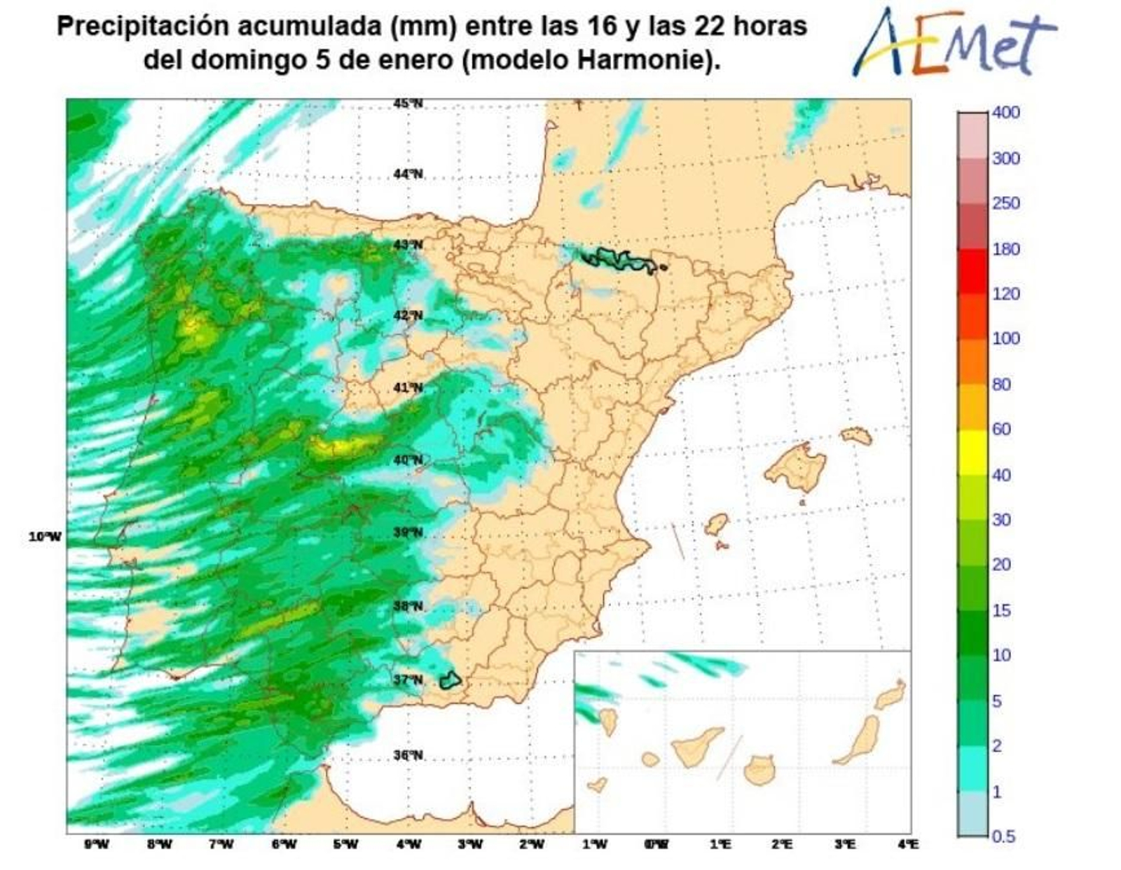 Previsión de lluvia entre las cuatro de la tarde y las diez de la noche del domingo 5 de enero.