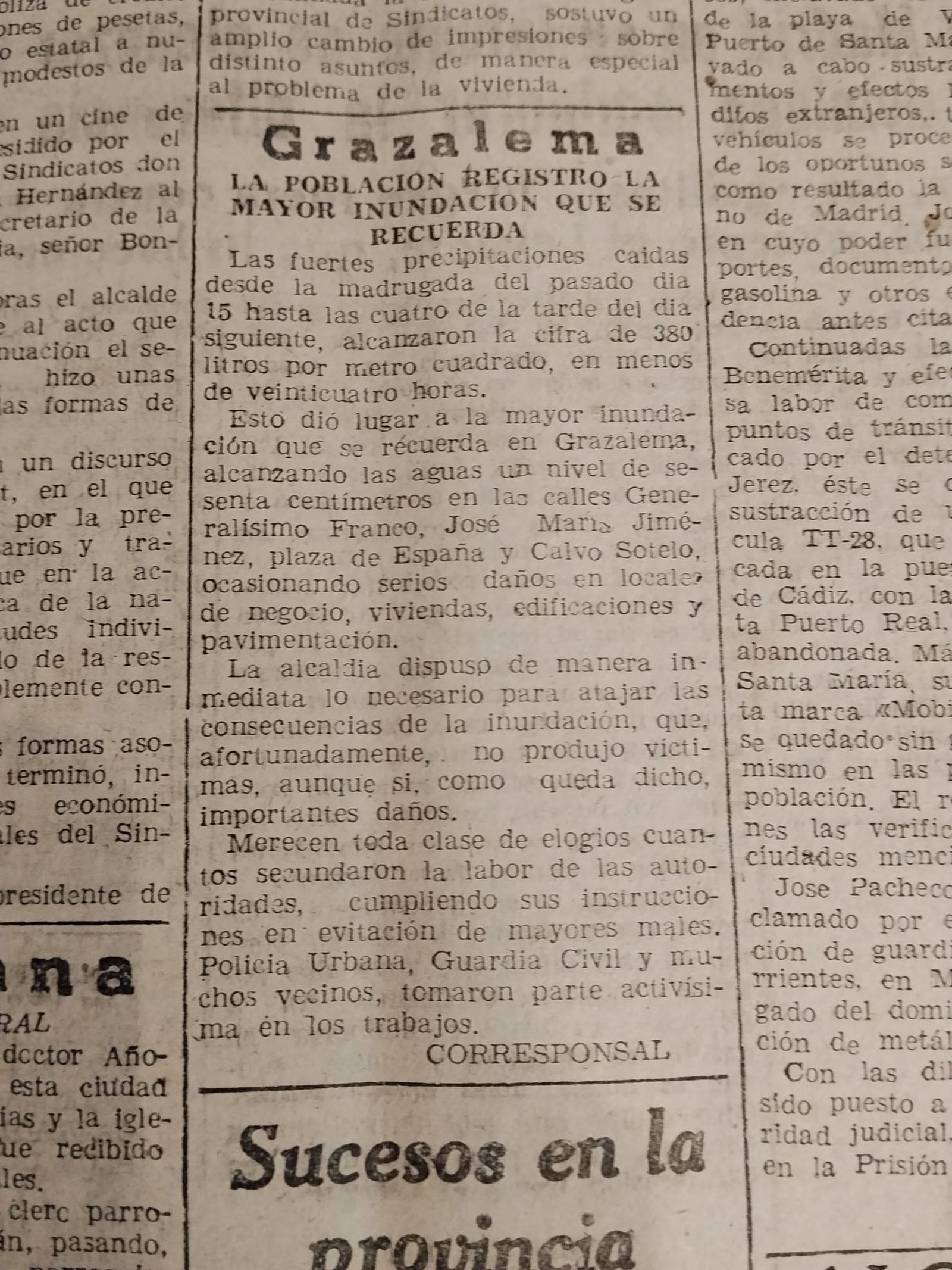 Recorte de hemeroteca del episodio de inundaciones de 1963.