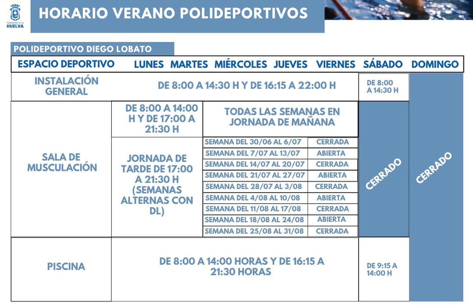 Horario del Polideportivo Diego Lobato.
