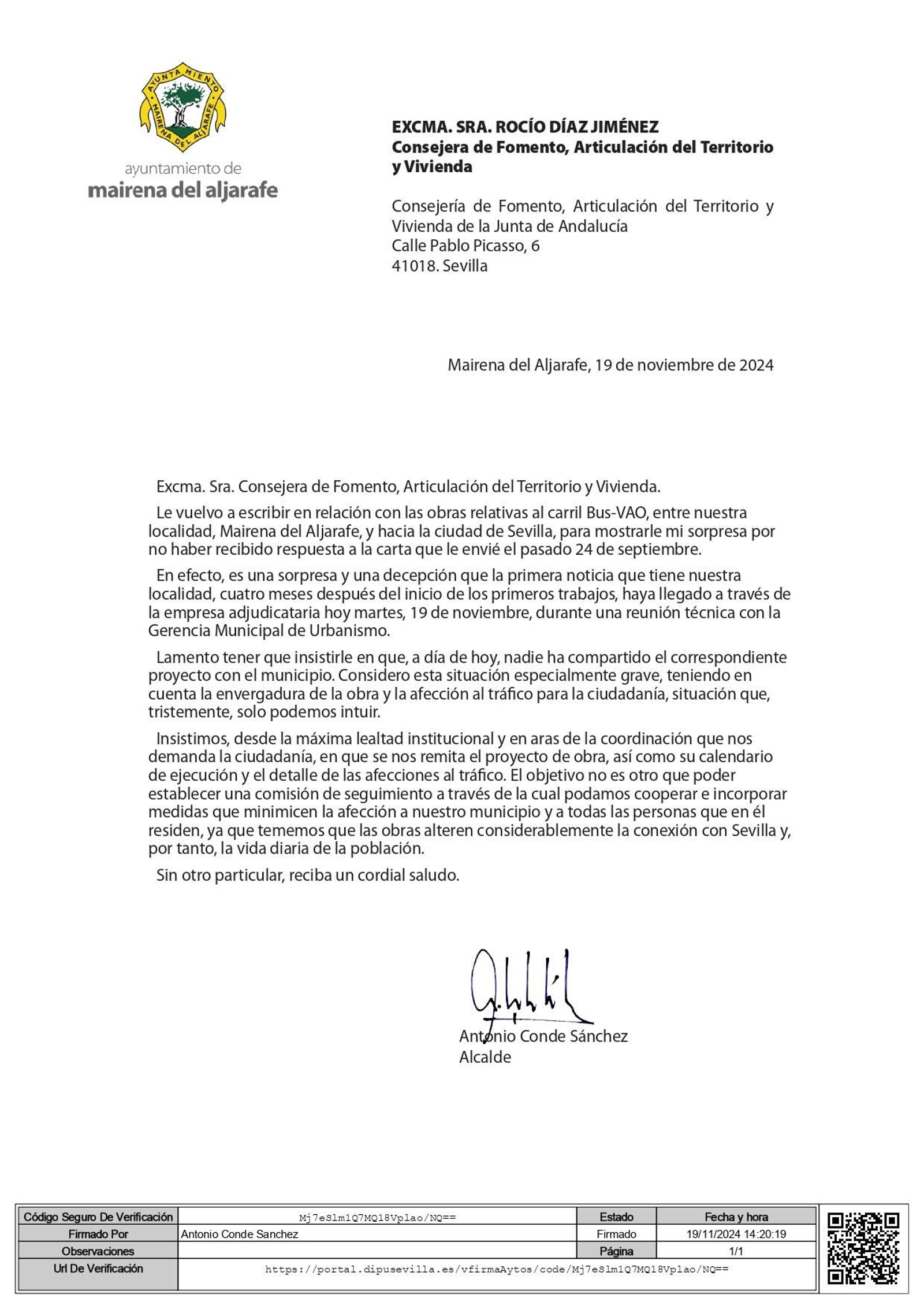 Segunda carta de Mairena del Aljarafe a la consejera de Fomento sobre el carril Bus VAO.