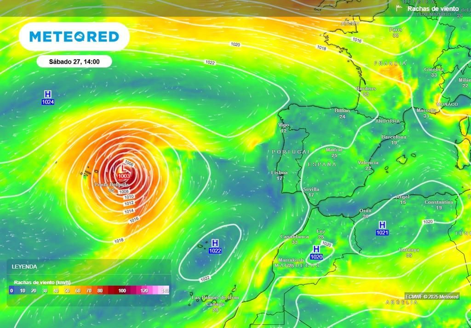 Situación del huracán Gabrielle en los mapas meteorológicos.