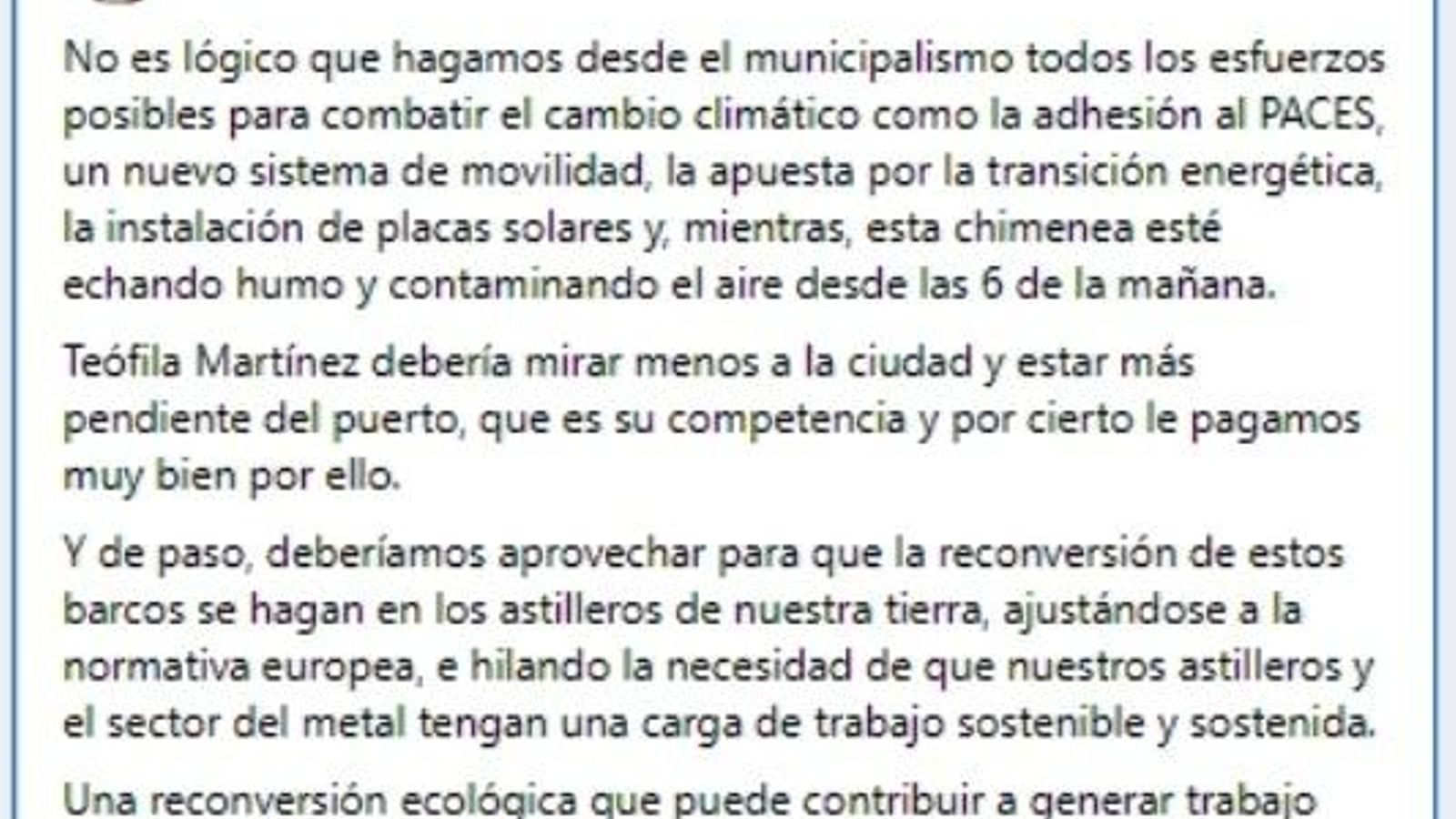 Mensaje de Facebook del alcalde de Cádiz, José María González 'Kichi'