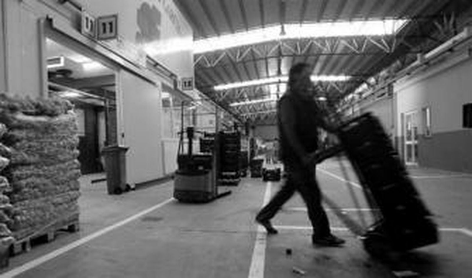 Un hombre con una carretilla atraviesa ayer por la mañana las instalaciones de Mercajerez.