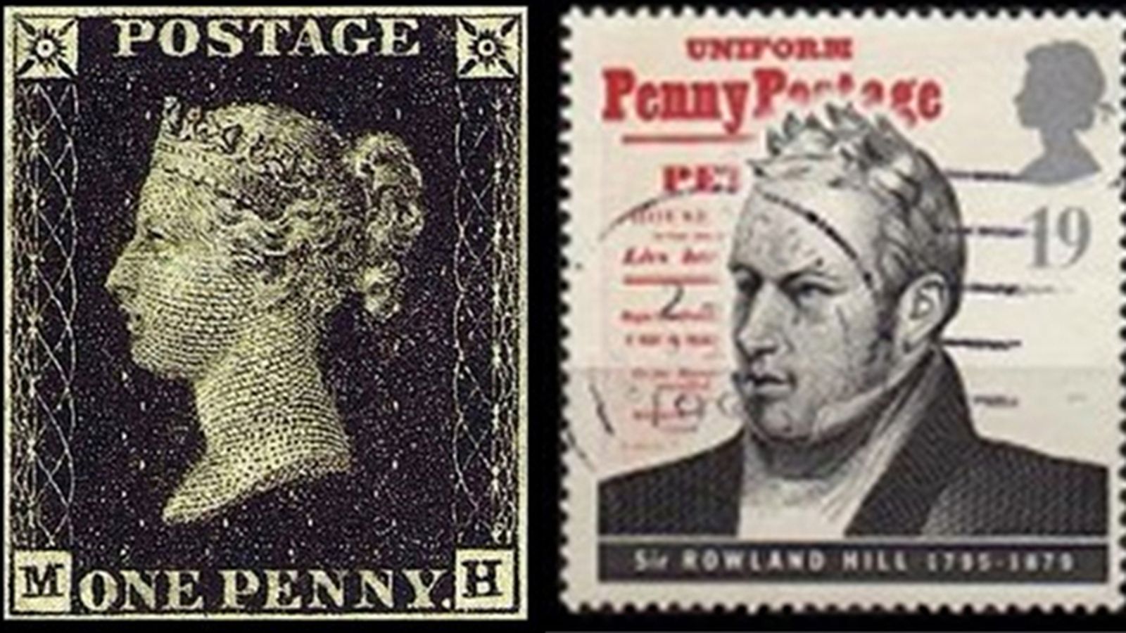 Primer sello emitido: Penny Black, junto con un sello del centenario de Rowland Hill, Gran Bretaña