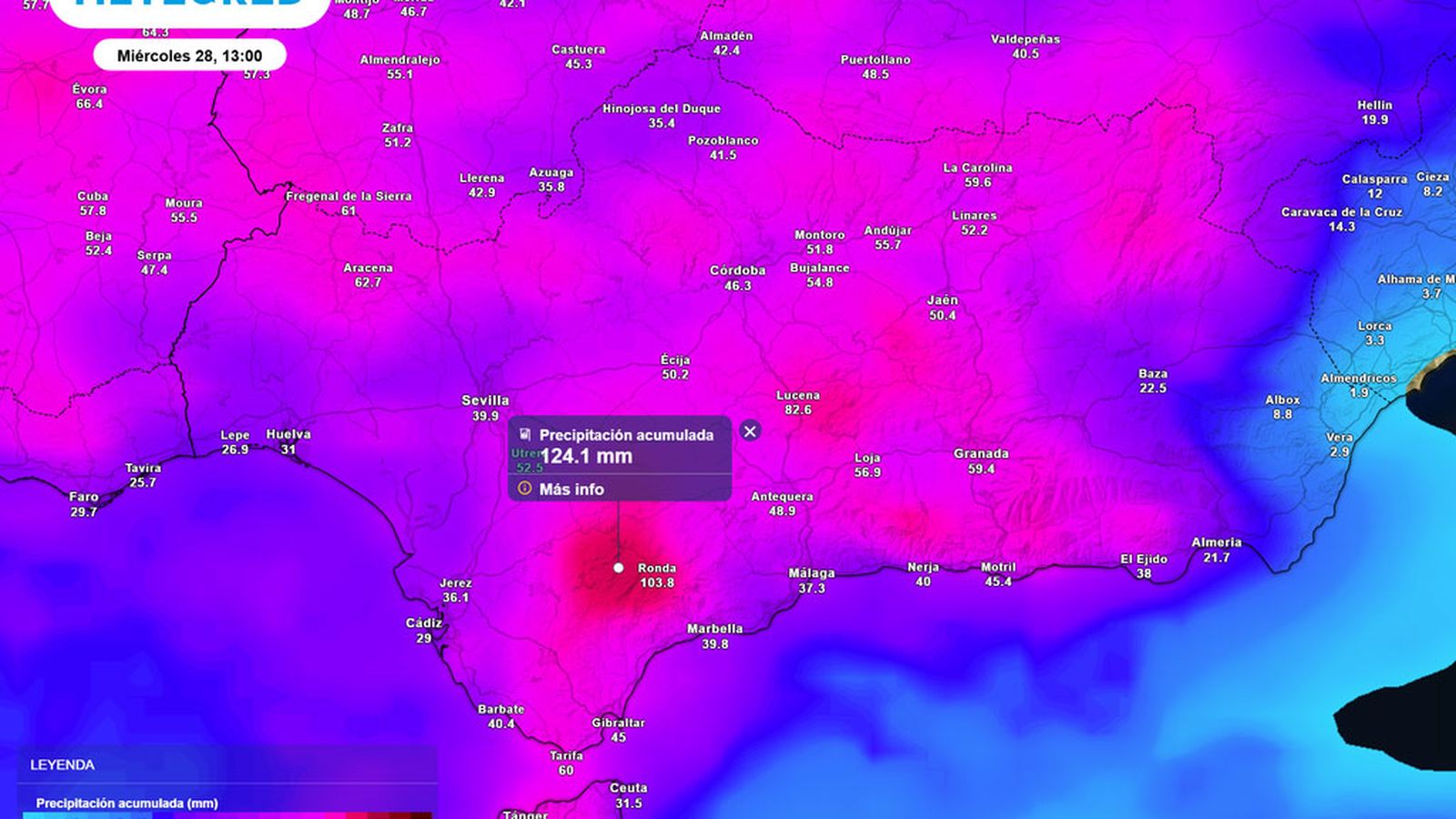 Acumulados previstos para este miércoles 28 de enero en Andalucía.
