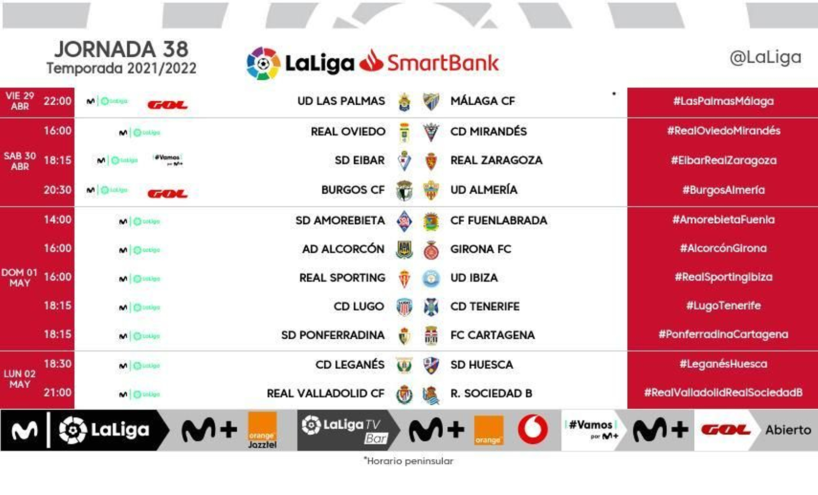 Horarios de la jornada 38 de LaLiga Smartbank.