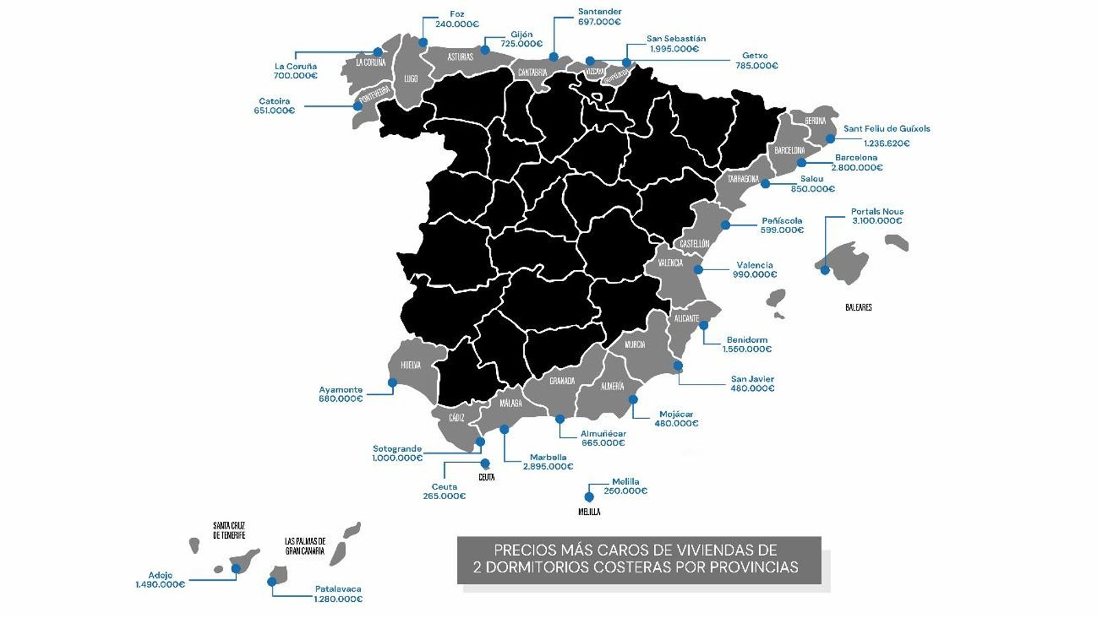 Mapa con los inmuebles más caros ofertados en la costa