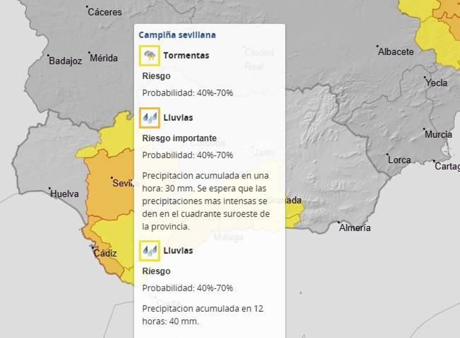 Alertas de la Aemet para Sevilla para el 14 de noviembre