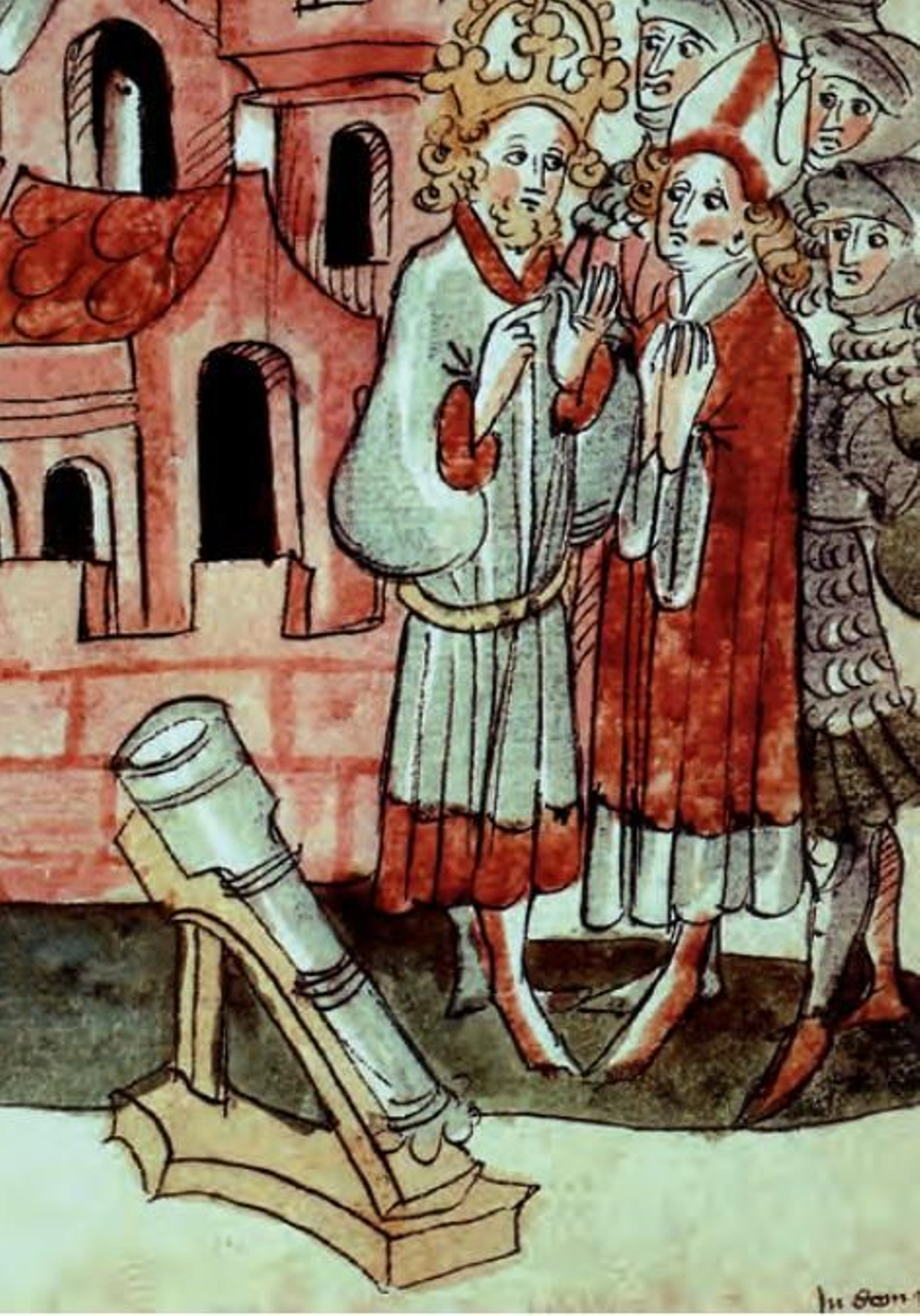 Primitiva pieza pirobalística en una miniatura de mediados del siglo XIV