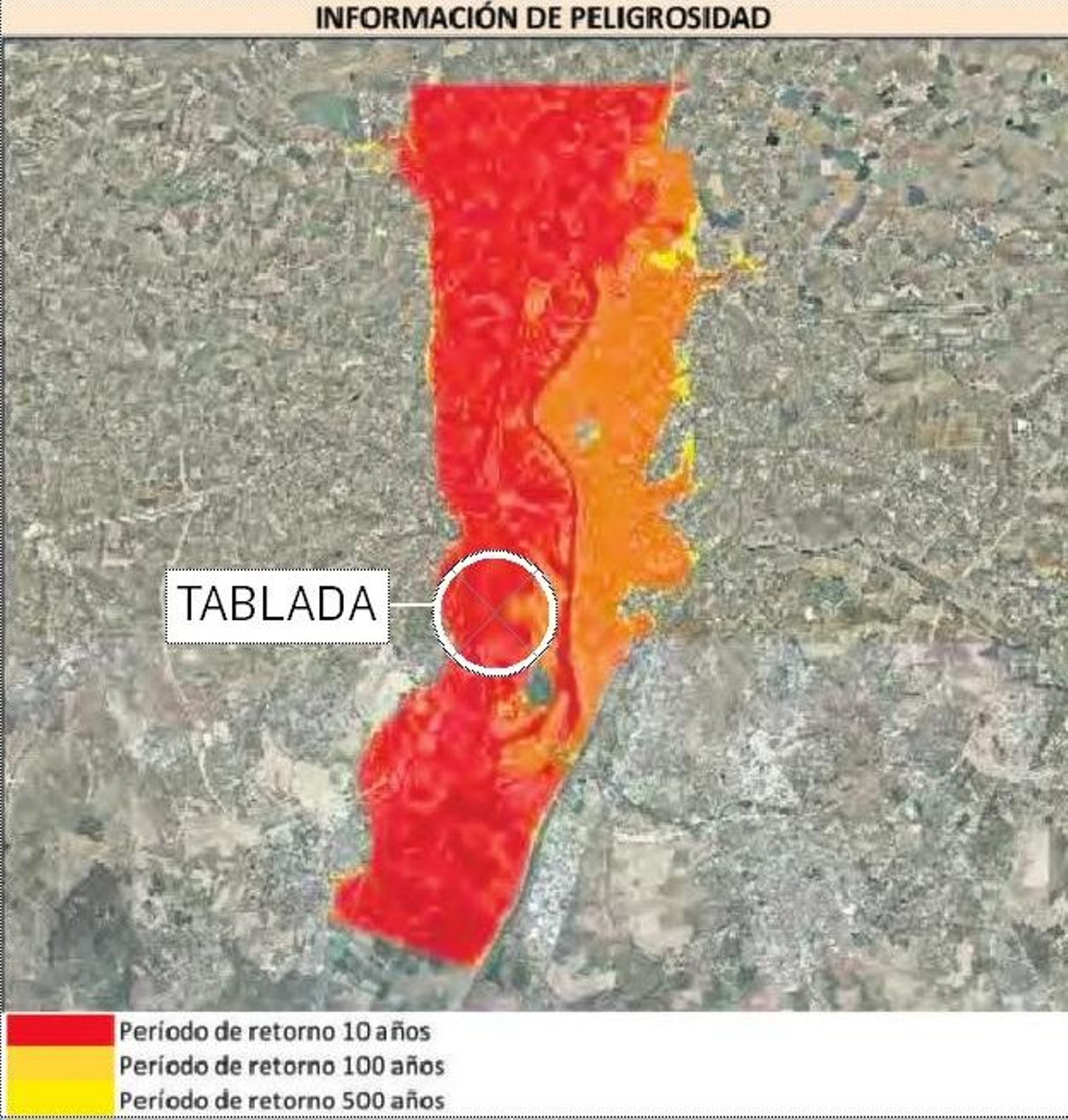 Los suelos de Tablada, según el Sistema Nacional de Cartografía de Zonas Inundables. El color naranja es el periodo de 100 años