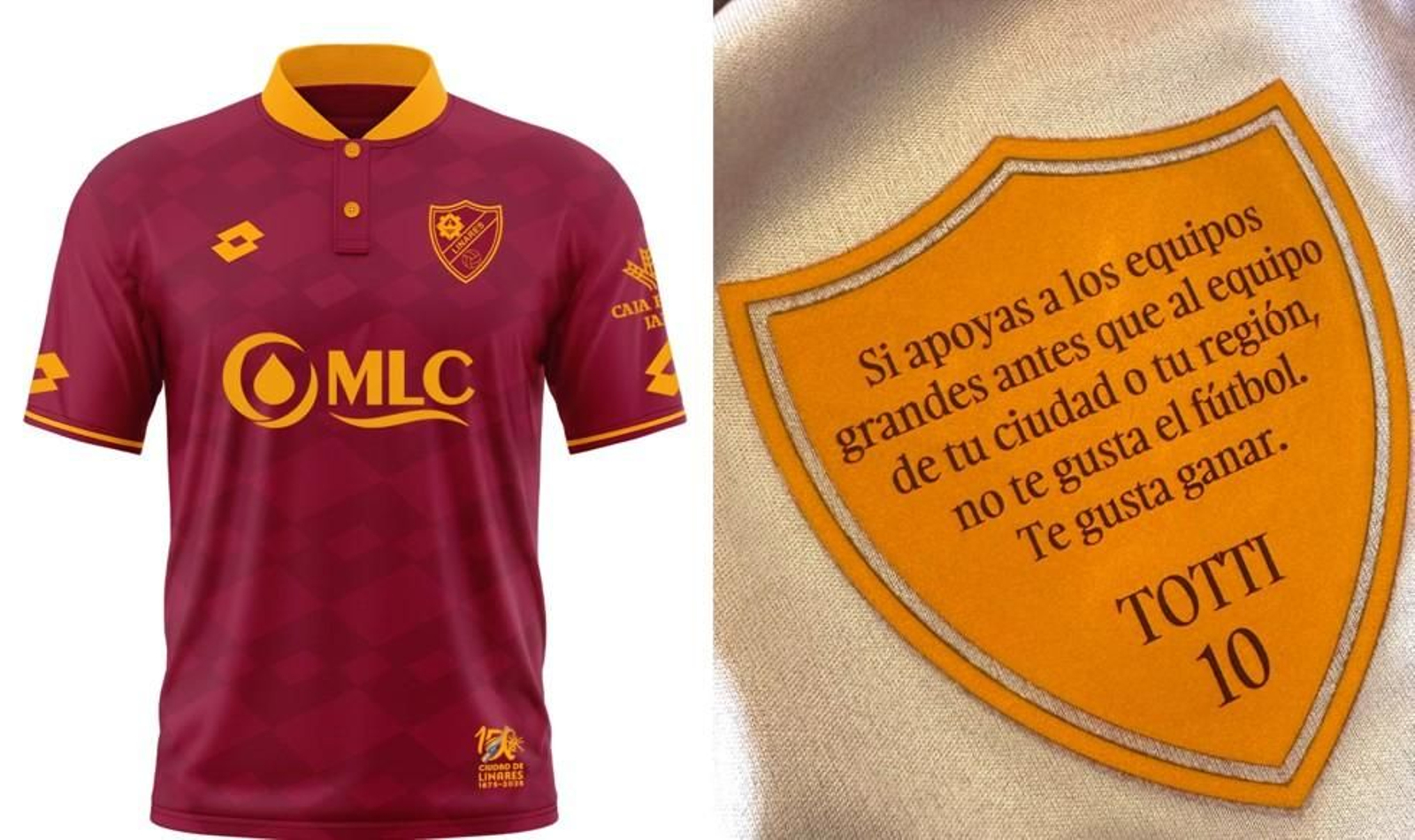 La camiseta y la frase en la parte posterior del escudo.