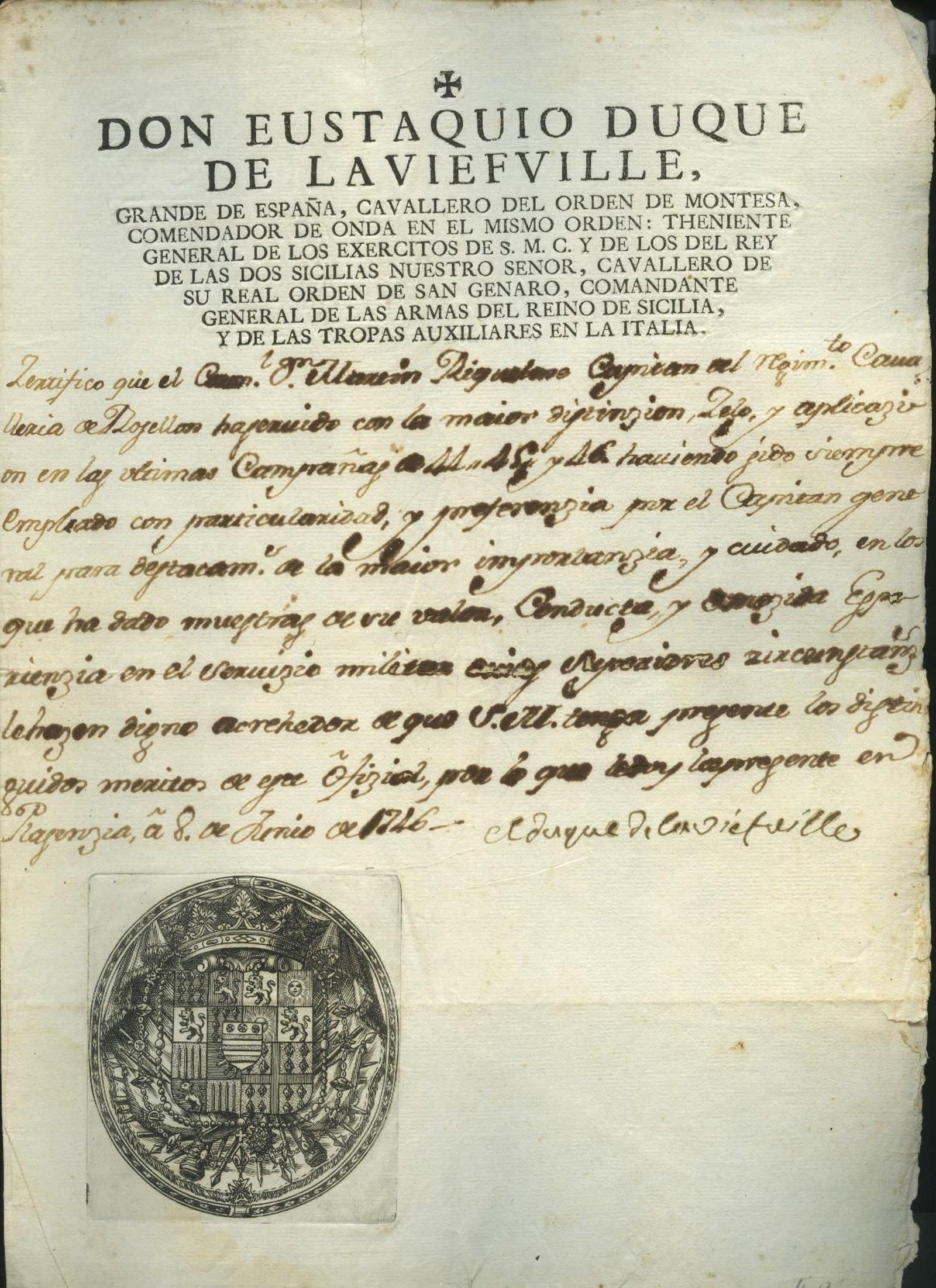 Certificado de servicios militares a la Corona, siglo XVIII.