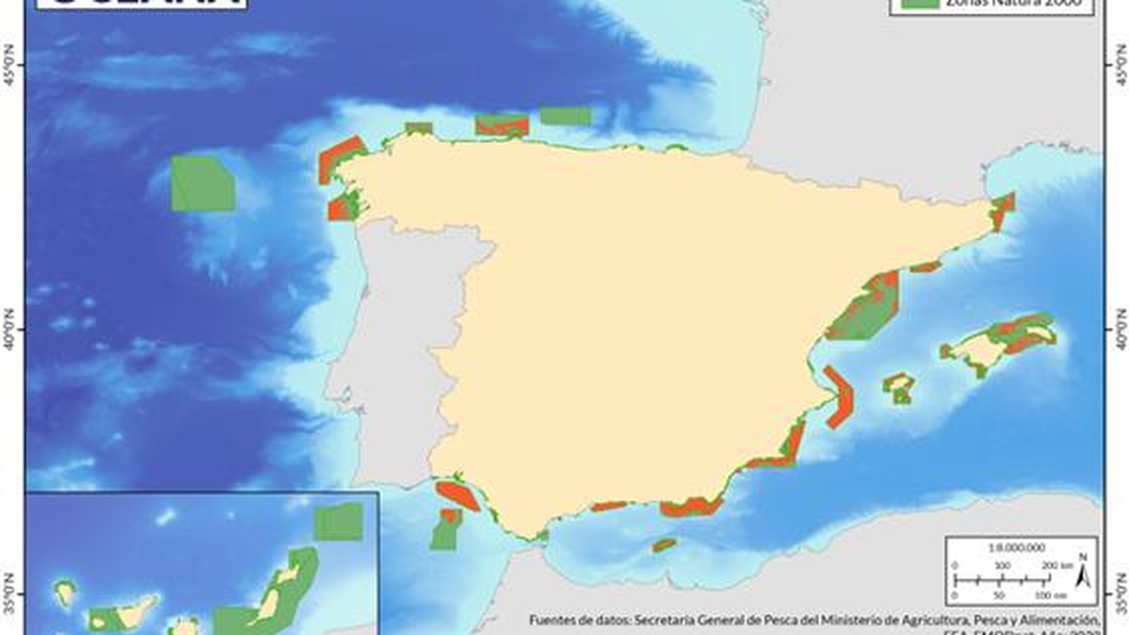Zonas Natura 2000 españolas marcadas en verde y señales de SSB/VMS correspondientes a embarcaciones de arrastre destacadas en naranja