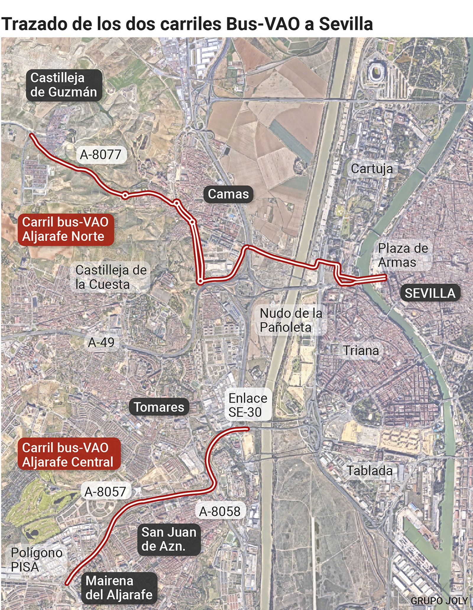 Trazado de los dos carriiles Bus-Vao. Fuente: Consejería de Fomento de la Junta de Andalucía
